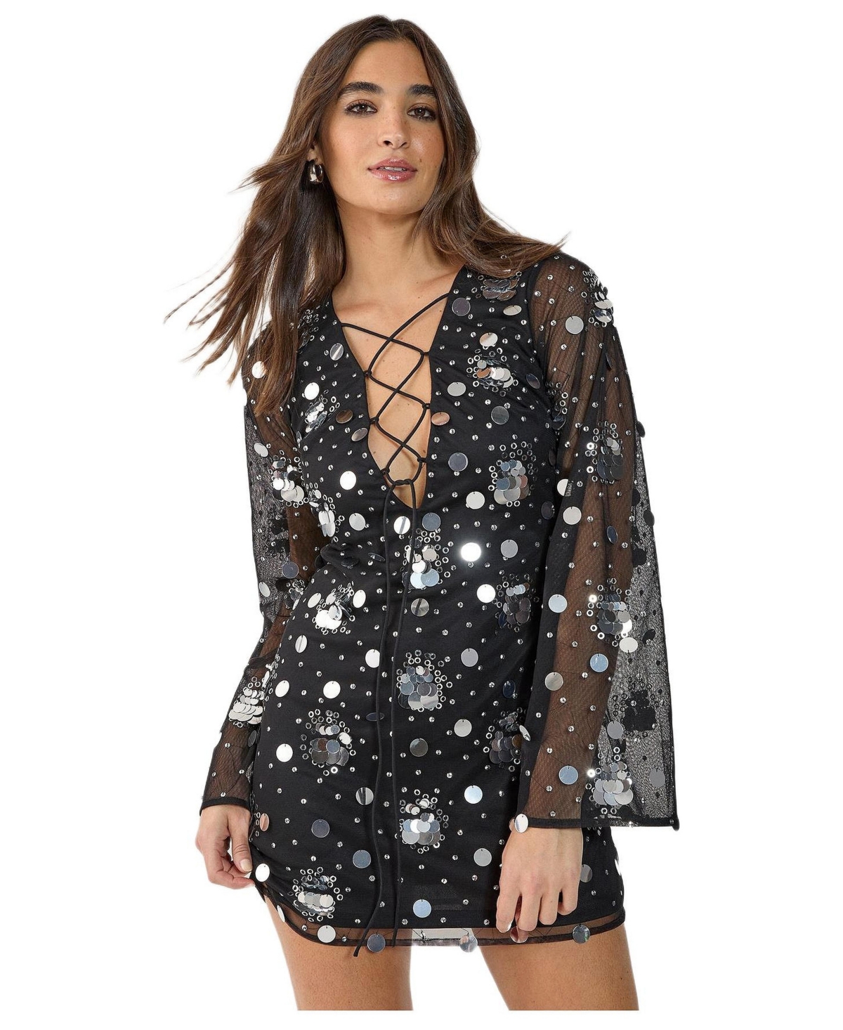 Nasty Gal Women’s Lace Up Fluted Sleeve Mini Dress – Black Nasty Gal Women’s Lace Up Fluted Sleeve Mini Dress – Black
