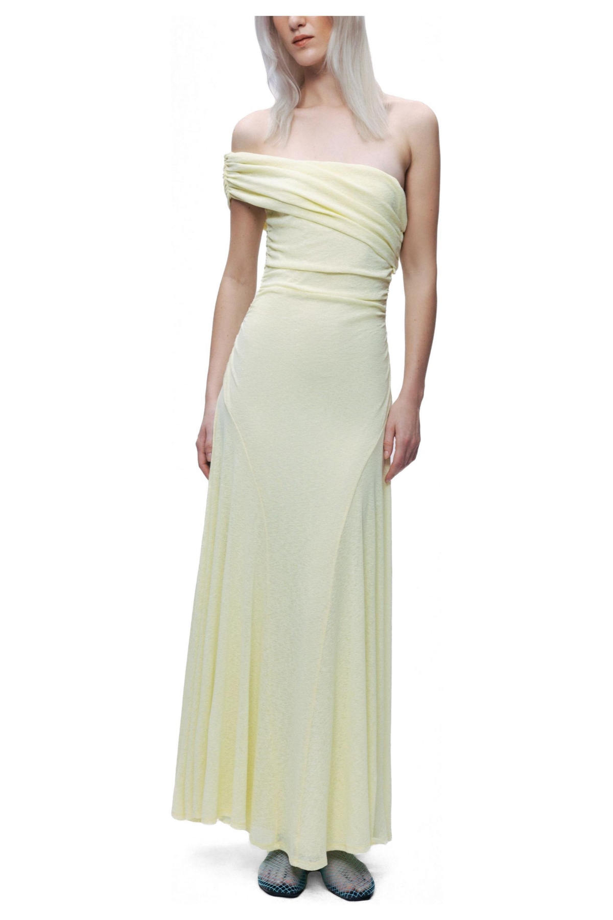 Nocturne Women’s Asymmetric Off Shoulder Ruched Maxi Dress – Yellow