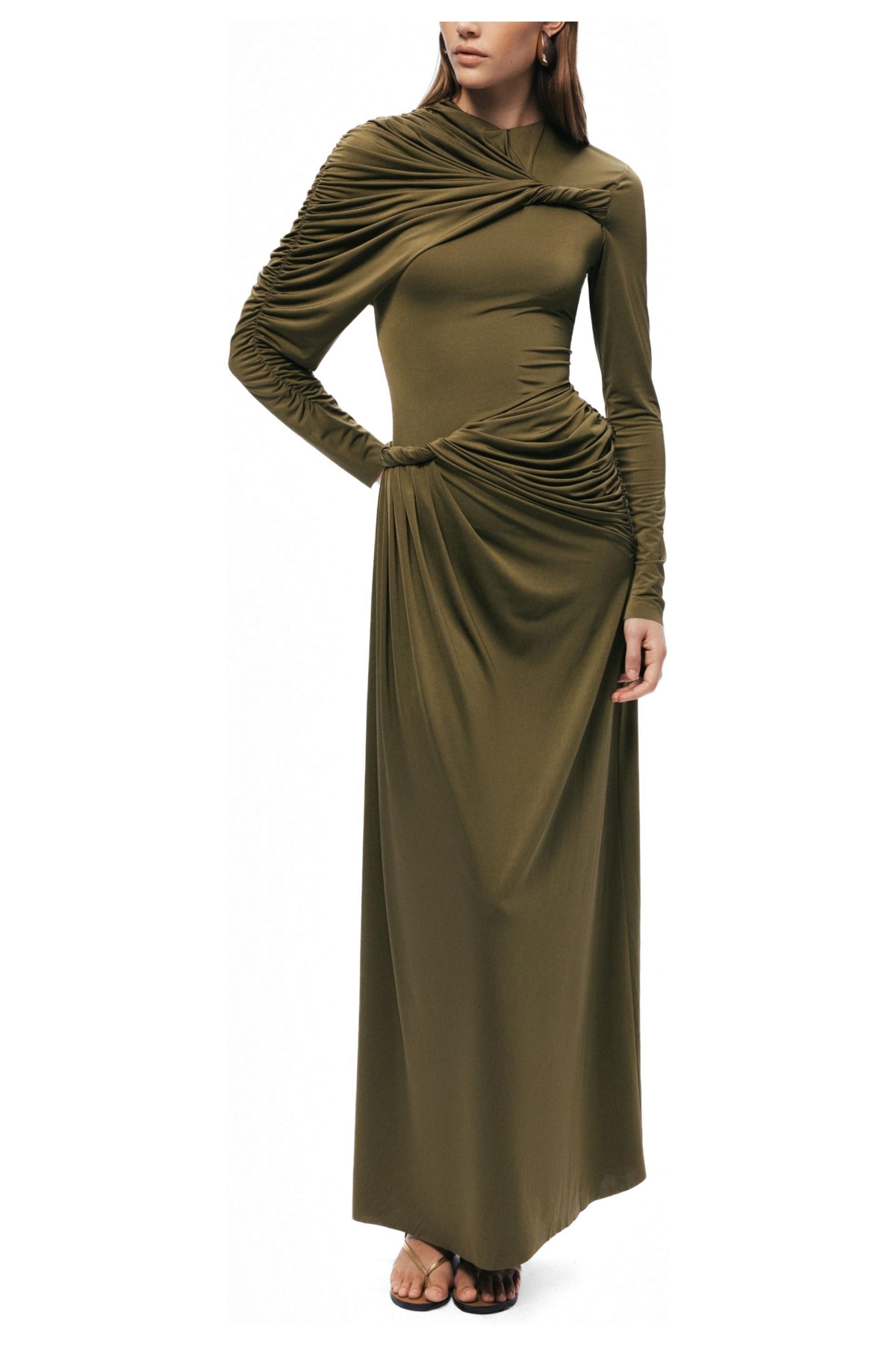 Nocturne Women’s Draped Long Sleeve Maxi Dress – Khaki