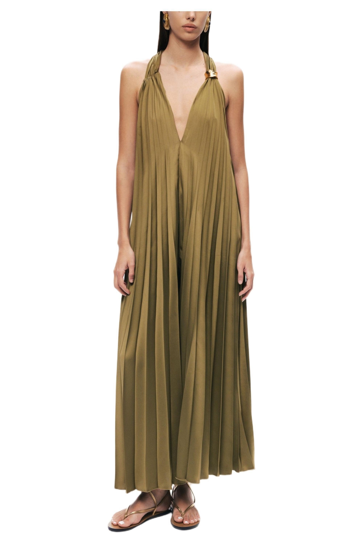 Nocturne Women’s Pleated Halter Maxi Dress – Khaki Nocturne Women’s Pleated Halter Maxi Dress – Khaki