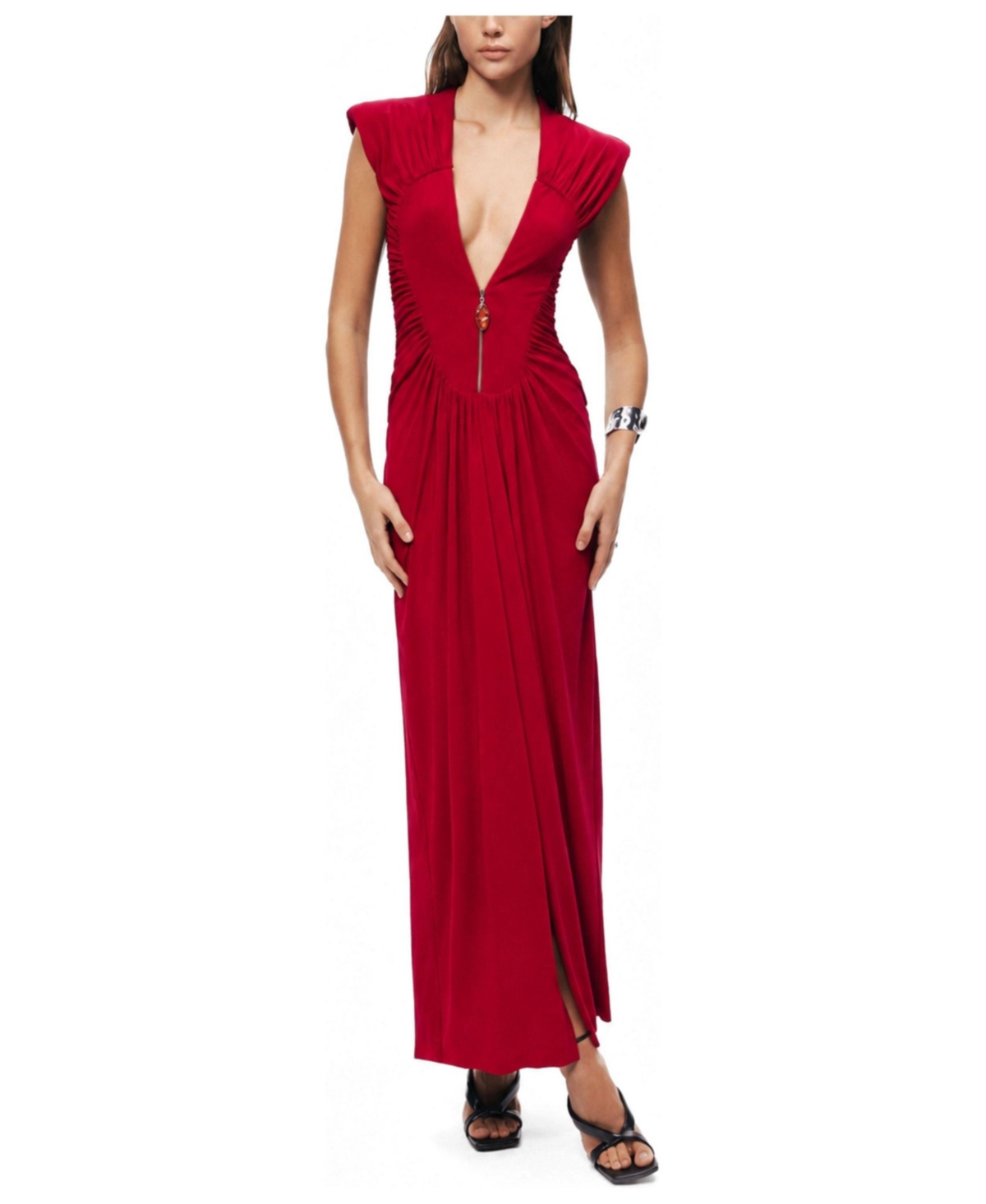 Nocturne Women’s Ruched Deep V-Neck Maxi Dress – Red Nocturne Women’s Ruched Deep V-Neck Maxi Dress – Red