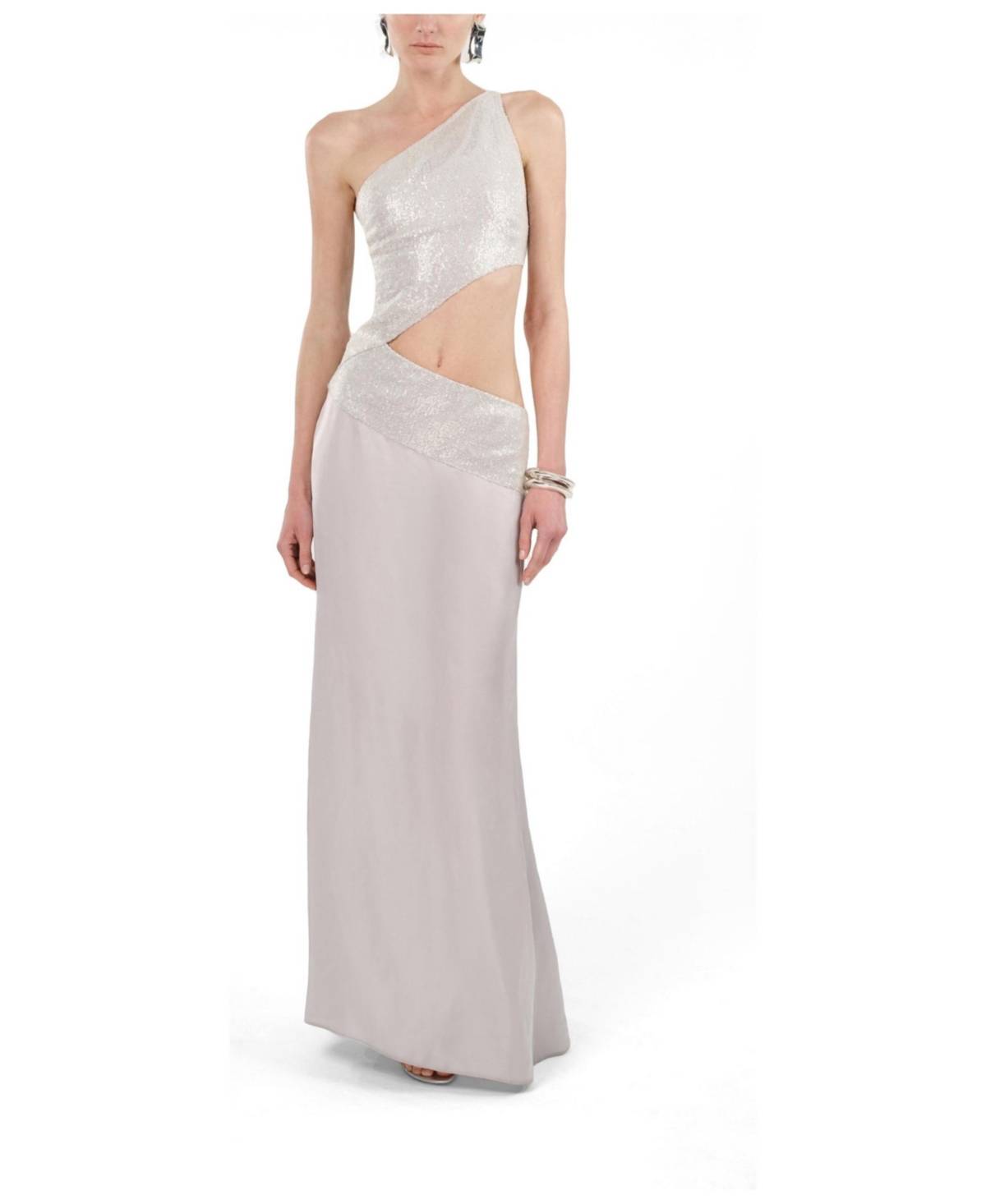 Nocturne Women’s Sequin One Shoulder Cutout Maxi Dress – Silver
