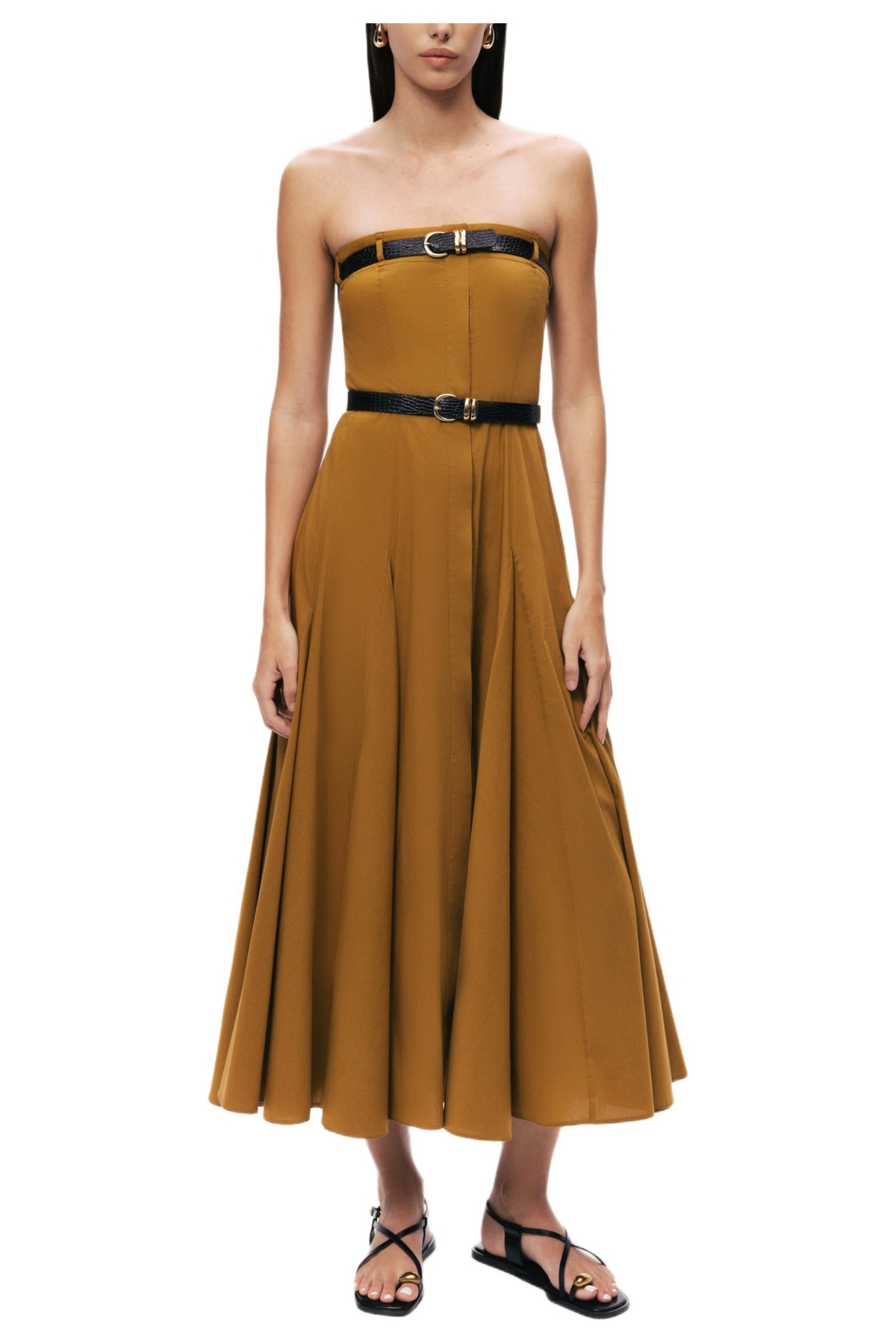 Nocturne Women’s Strapless Double Belted Midi Dress – Camel