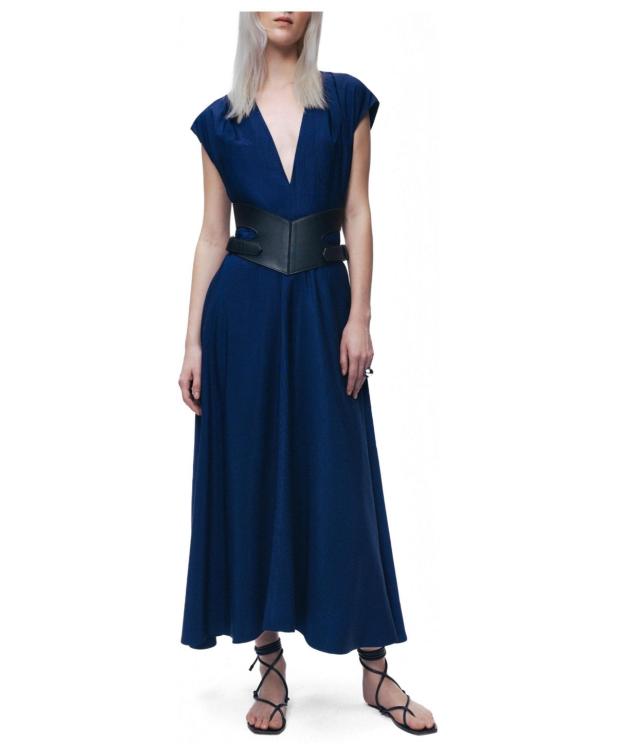 Nocturne Women’s V-Neck Belted Midi Dress – Navy Nocturne Women’s V-Neck Belted Midi Dress – Navy