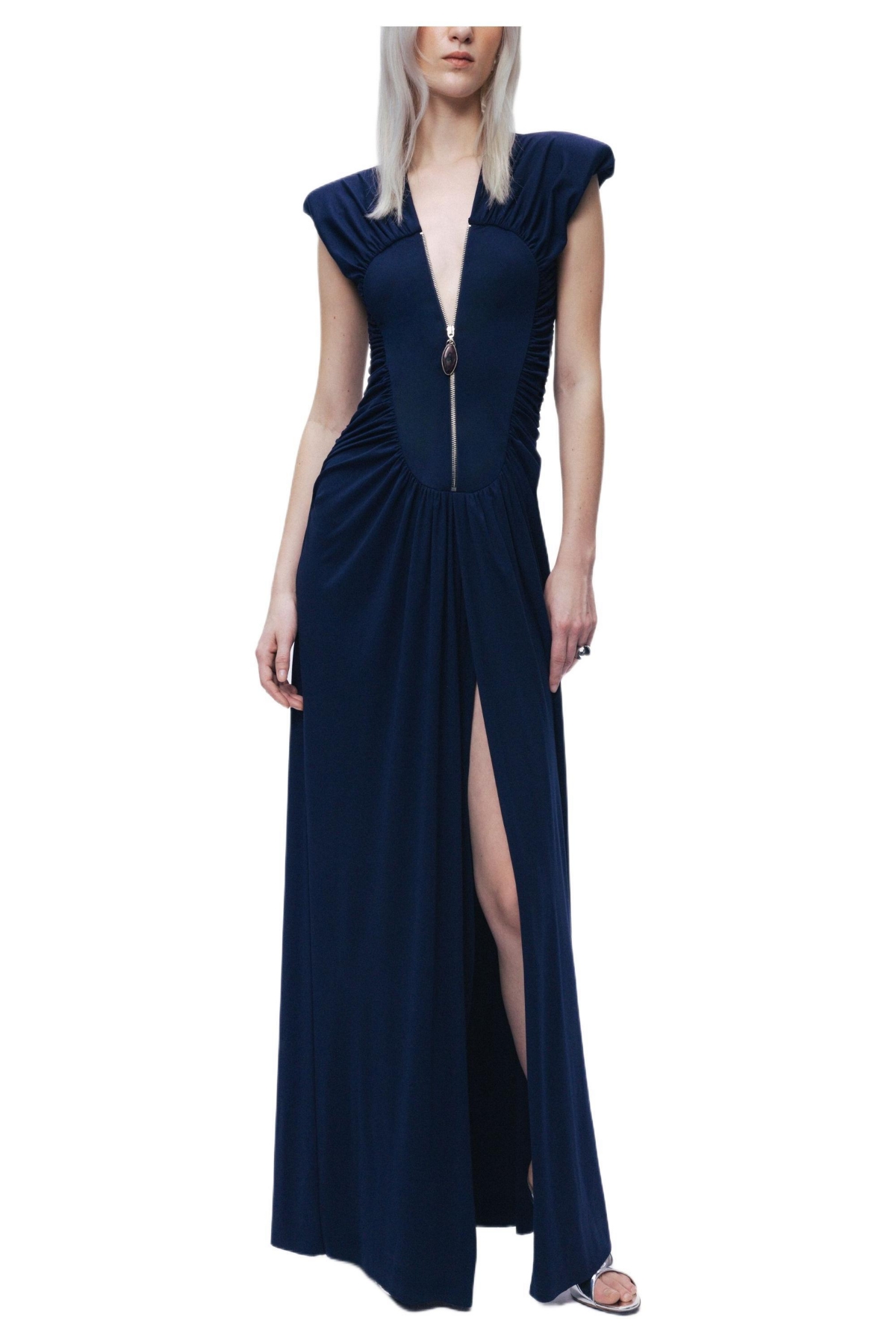 Nocturne Women’s Zip-Front Draped Maxi Dress – Navy
