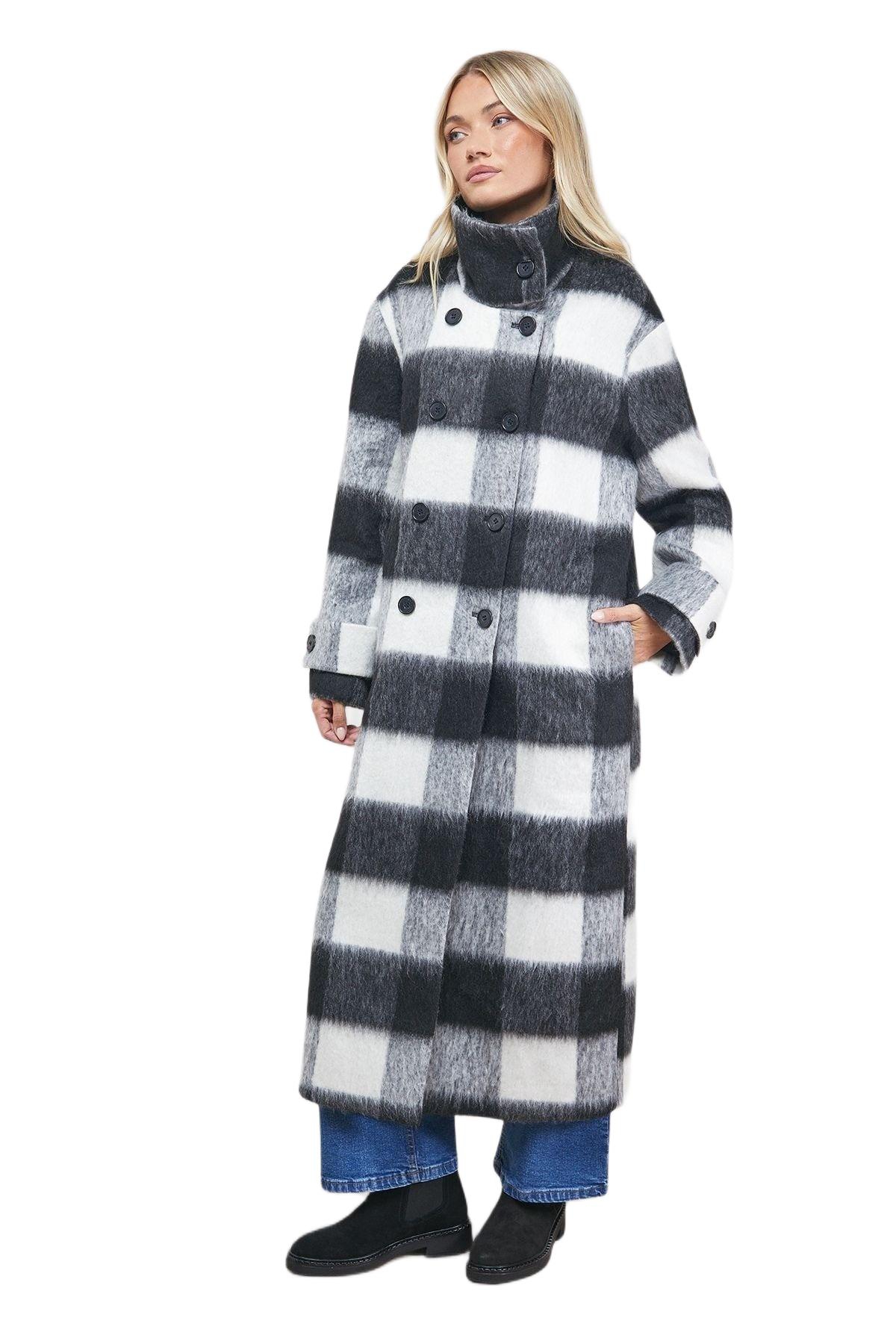 Oasis Women’s Brushed Check Funnel Neck Coat – Black Oasis Women’s Brushed Check Funnel Neck Coat – Black