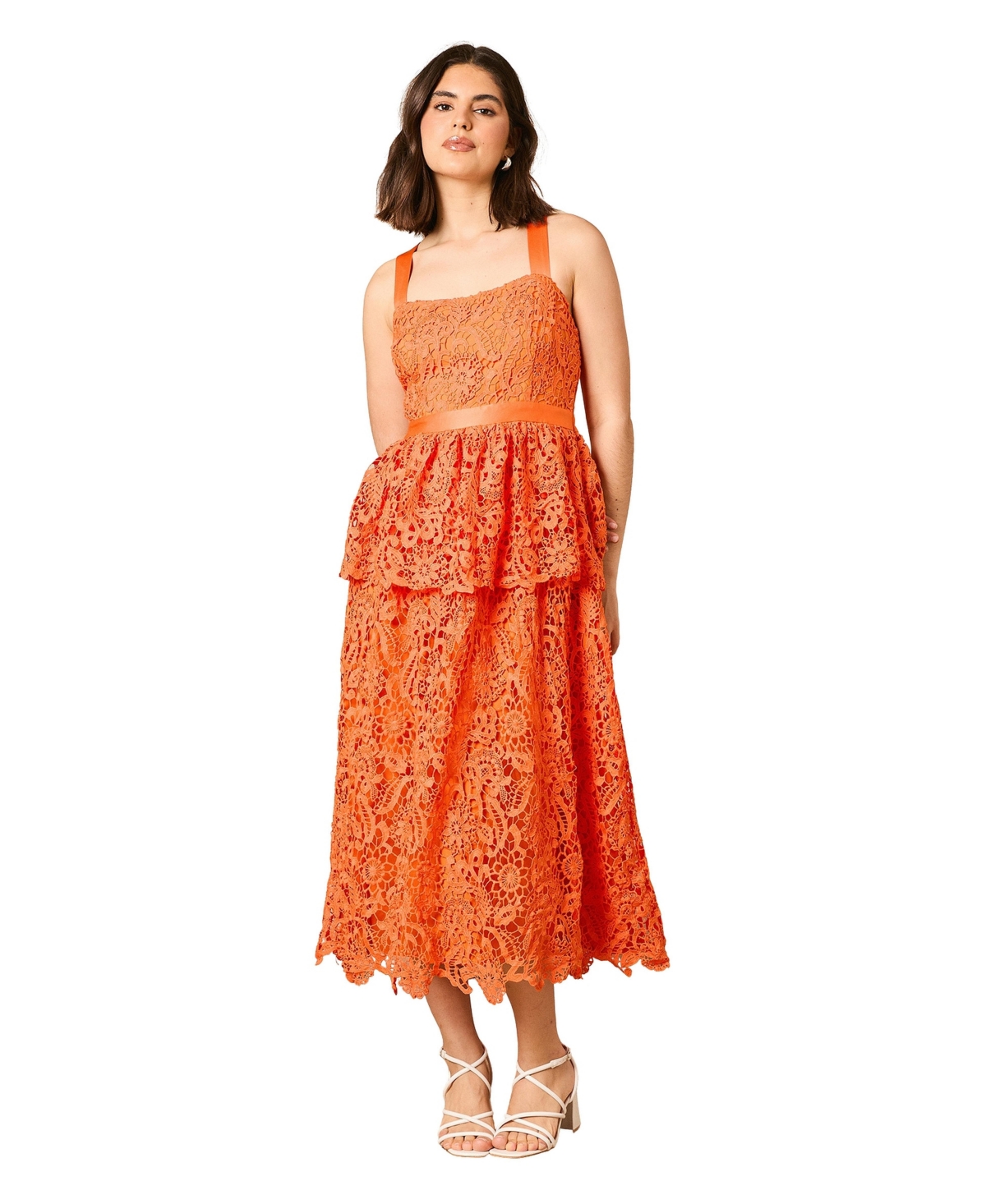 Oasis Women’s Cross Strap Tiered Lace Midi Dress – Orange Oasis Women’s Cross Strap Tiered Lace Midi Dress – Orange