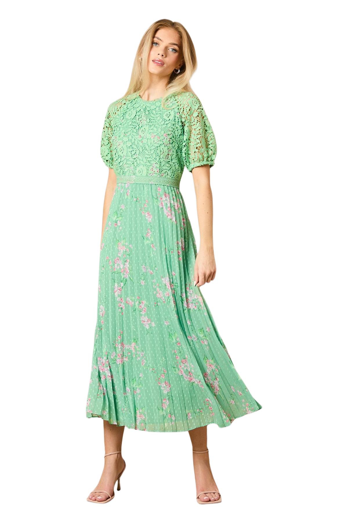 Oasis Women’s Floral Lace Bodice Pleated Midi Dress – Sage