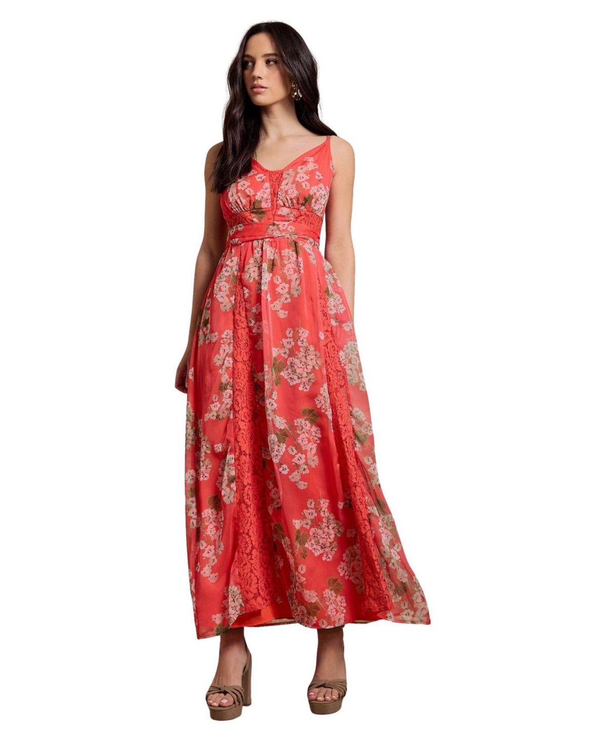 Oasis Women’s Lace Panelled Waist Pleated Maxi Dress – Orange
