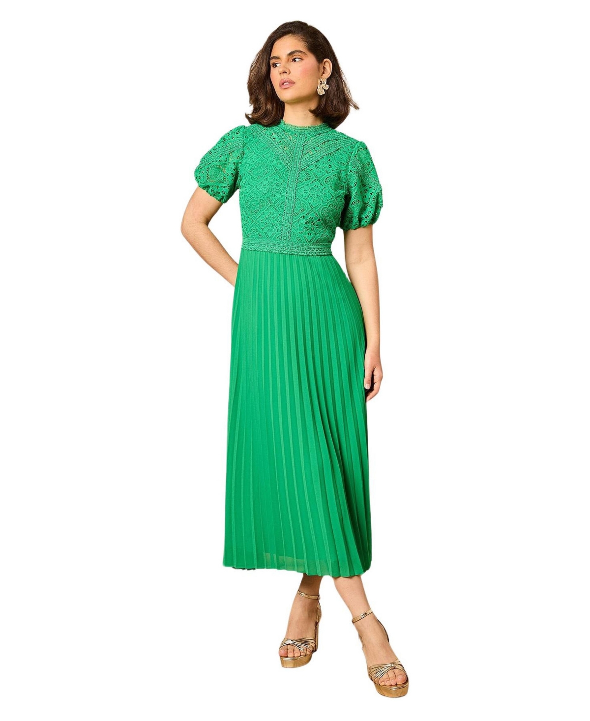Oasis Women’s Lace Puff Sleeve Pleated Midi Dress – Bright green Oasis Women’s Lace Puff Sleeve Pleated Midi Dress – Bright green
