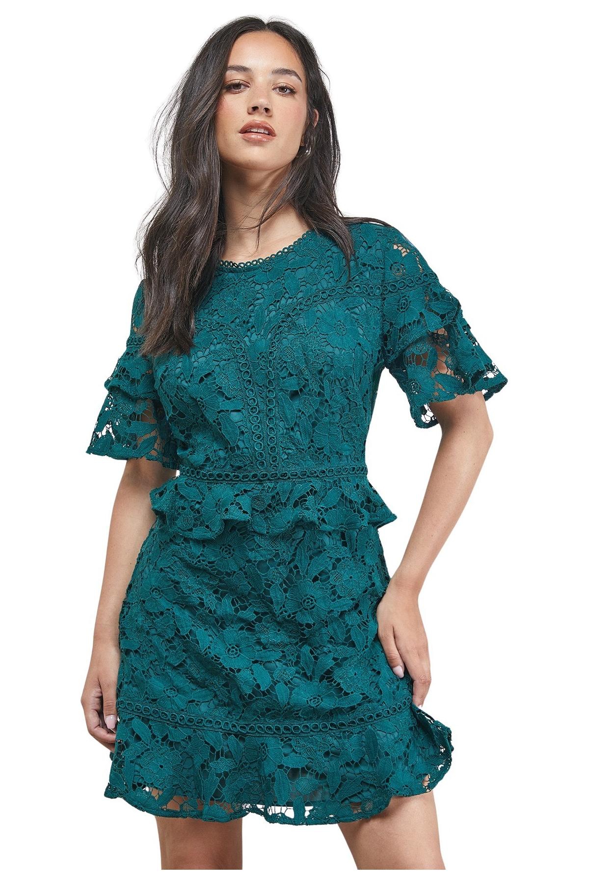 Oasis Women’s Lace Trim Detail Frill Sleeve Mini Dress – Green Oasis Women’s Lace Trim Detail Frill Sleeve Mini Dress – Green
