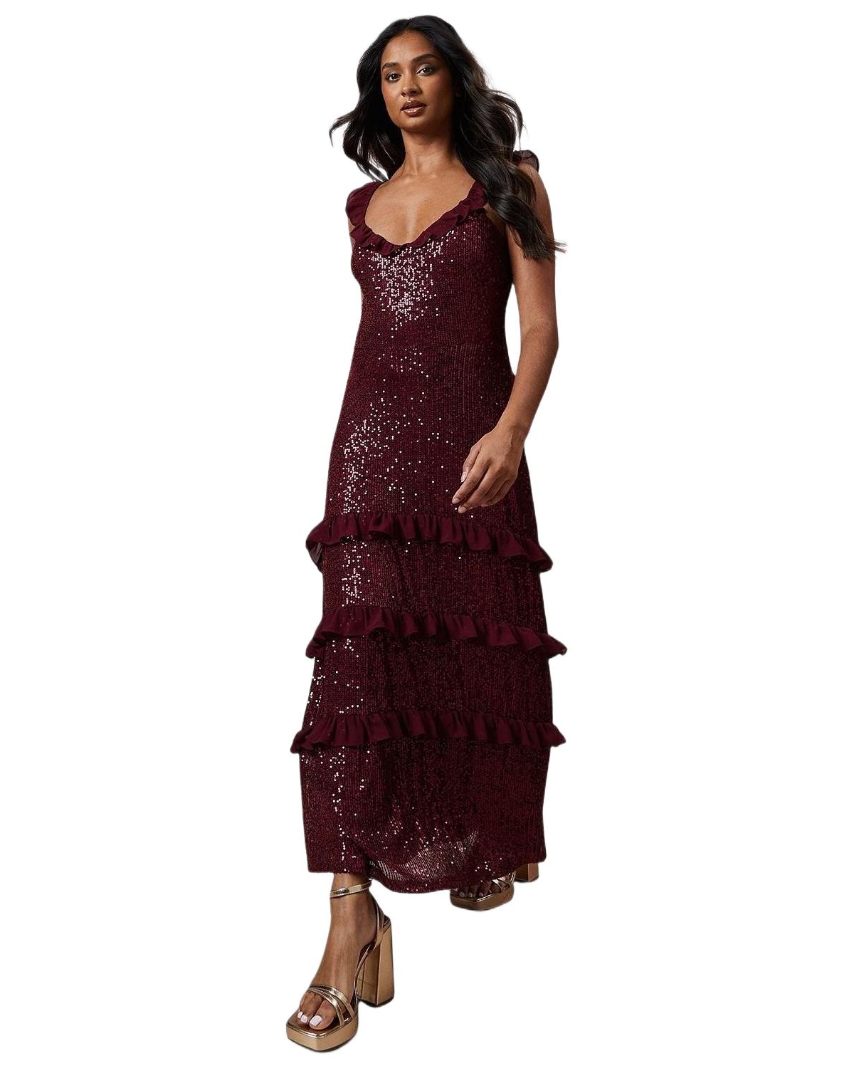 Oasis Women’s Occasion Sequin Ruffle Midaxi Dress – Berry Oasis Women’s Occasion Sequin Ruffle Midaxi Dress – Berry