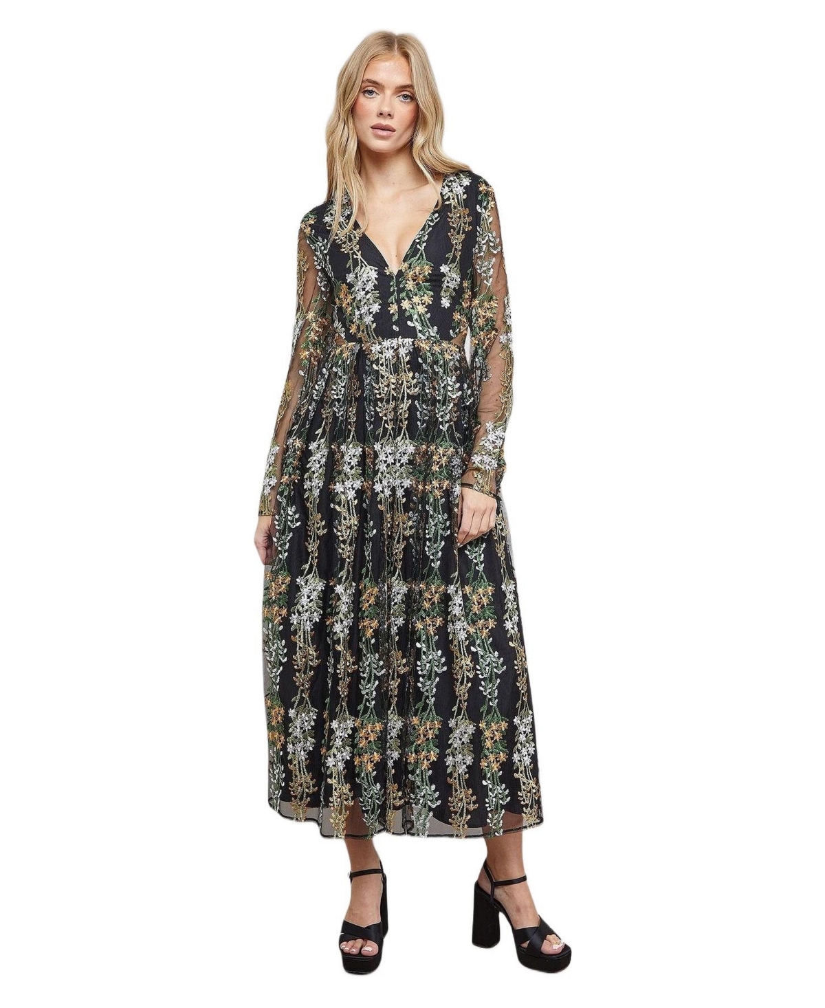 Oasis Women’s Open Back Long Sleeve Midi Dress – Multi