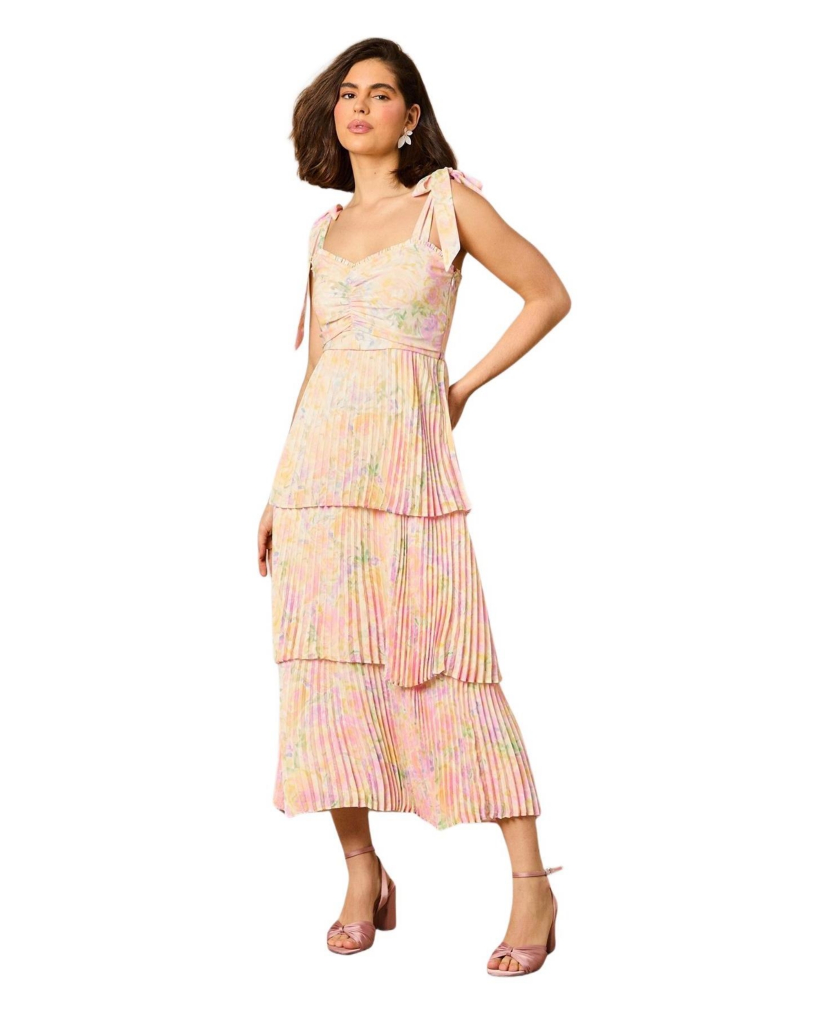 Oasis Women’s Pleated Tie Shoulder Midi Dress – Multi