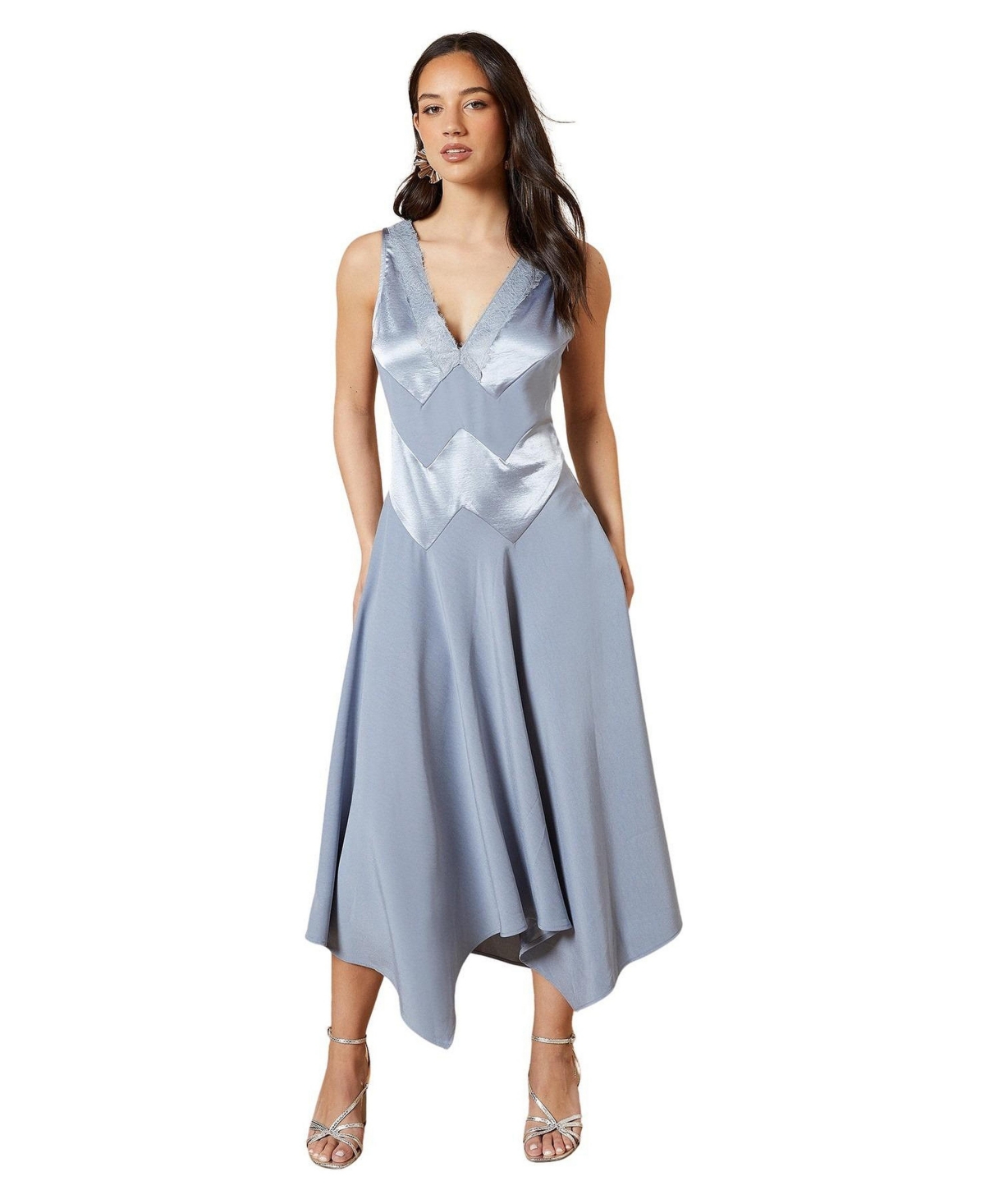 Oasis Women’s V-Neck Mesh Asymmetric Midi Dress – Blue Oasis Women’s V-Neck Mesh Asymmetric Midi Dress – Blue