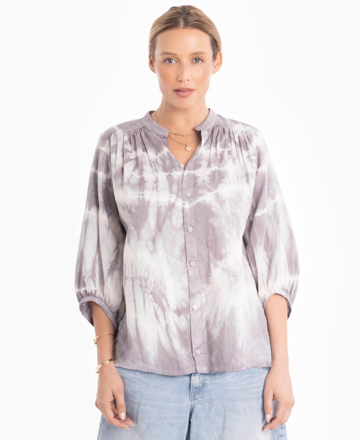 Ocean+Main Women’s Tie-Dye Button-Front Peasant Top – Grey tie dye Ocean+Main Women’s Tie-Dye Button-Front Peasant Top – Grey tie dye