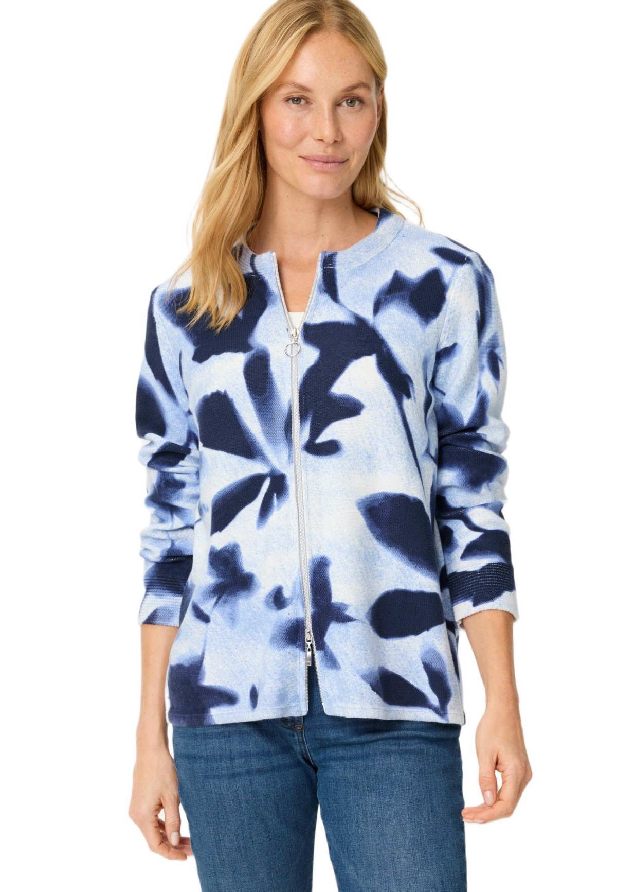 Olsen Women’s Abstract Floral Zip Cardigan – Ink blue Olsen Women’s Abstract Floral Zip Cardigan – Ink blue