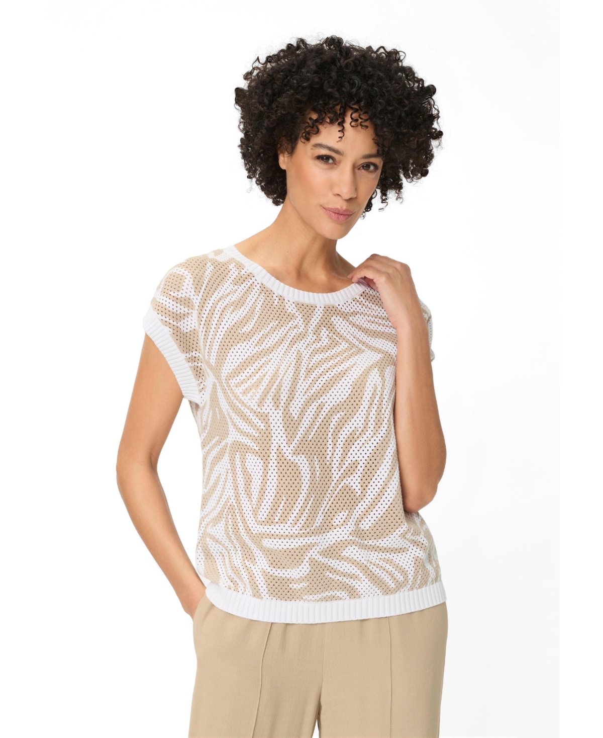 Olsen Women’s Ajour Knit Neo Zebra Sweater – Desert stone