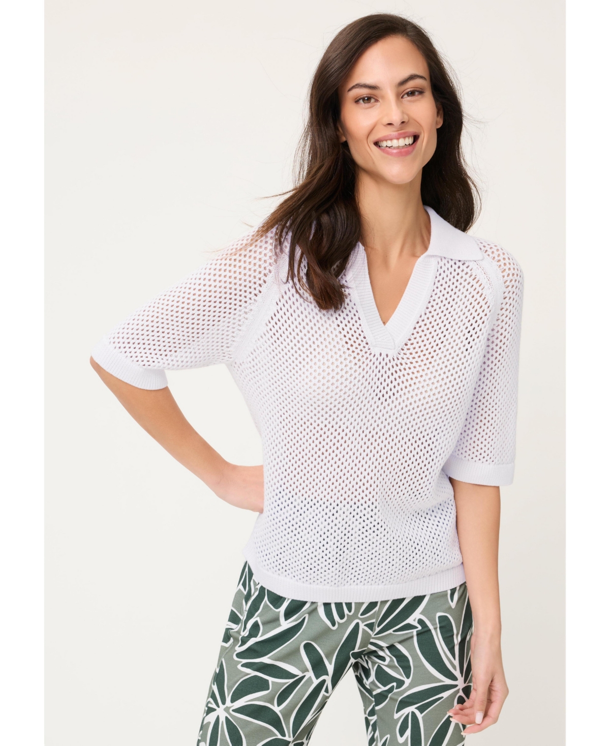 Olsen Women’s Ajour Knit Polo Sweater – White Olsen Women’s Ajour Knit Polo Sweater – White