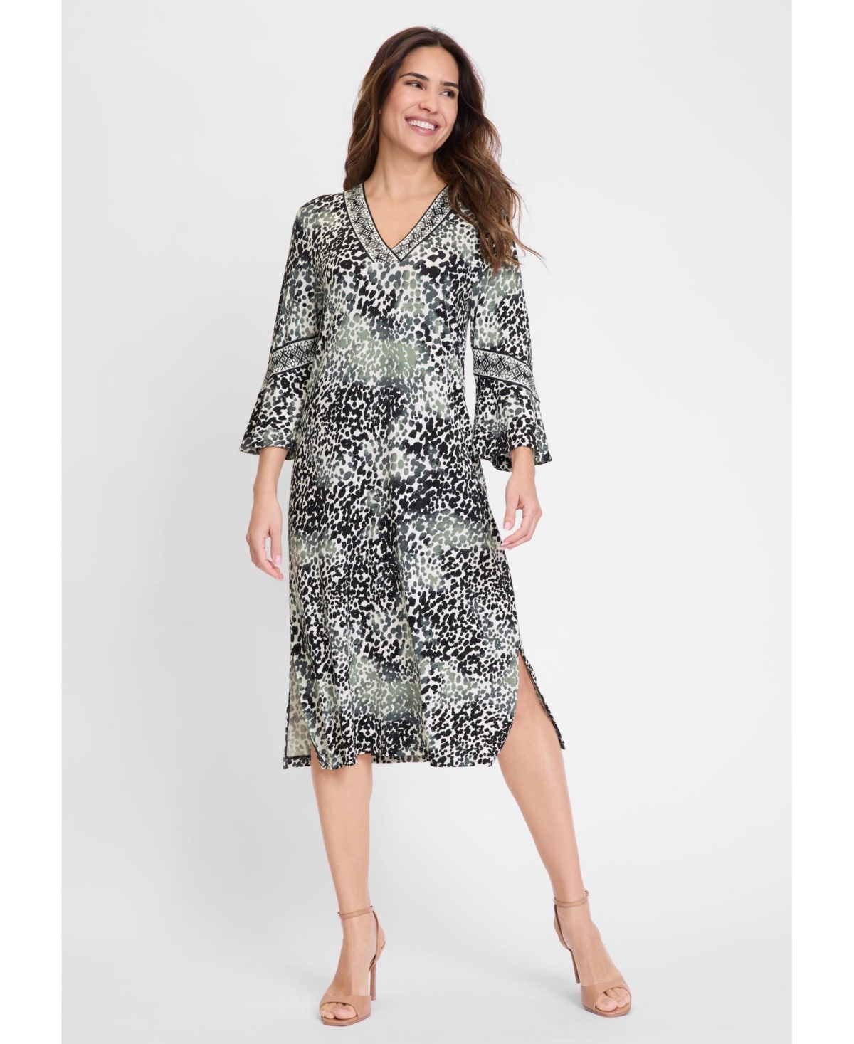 Olsen Women’s Animal Print Bell Sleeve Dress – Jungle khaki Olsen Women’s Animal Print Bell Sleeve Dress – Jungle khaki