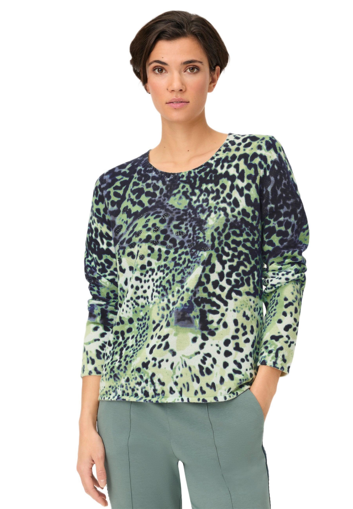 Olsen Women’s Animal Print Camo Sweater – True navy Olsen Women’s Animal Print Camo Sweater – True navy
