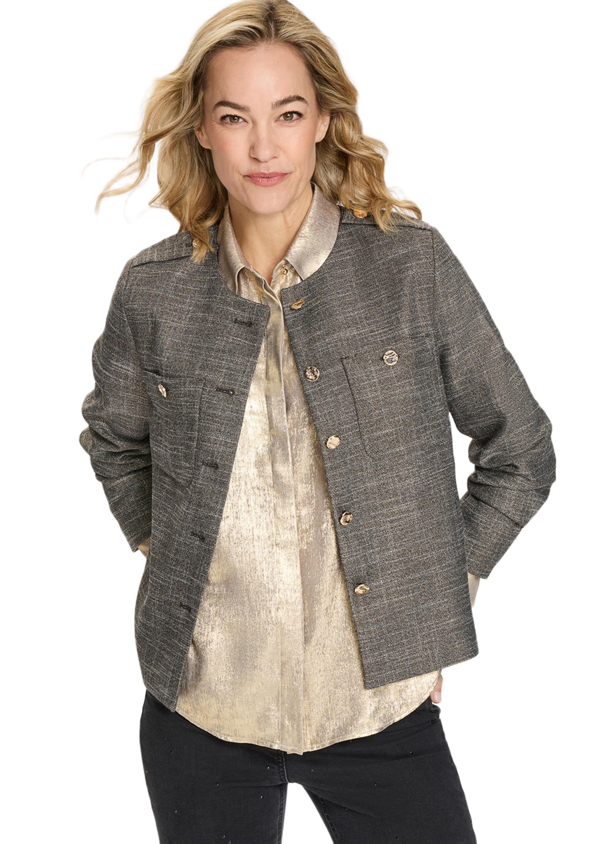 Olsen Women’s Collarless Sparkle Jacket with Gold Buttons – Black Olsen Women’s Collarless Sparkle Jacket with Gold Buttons – Black