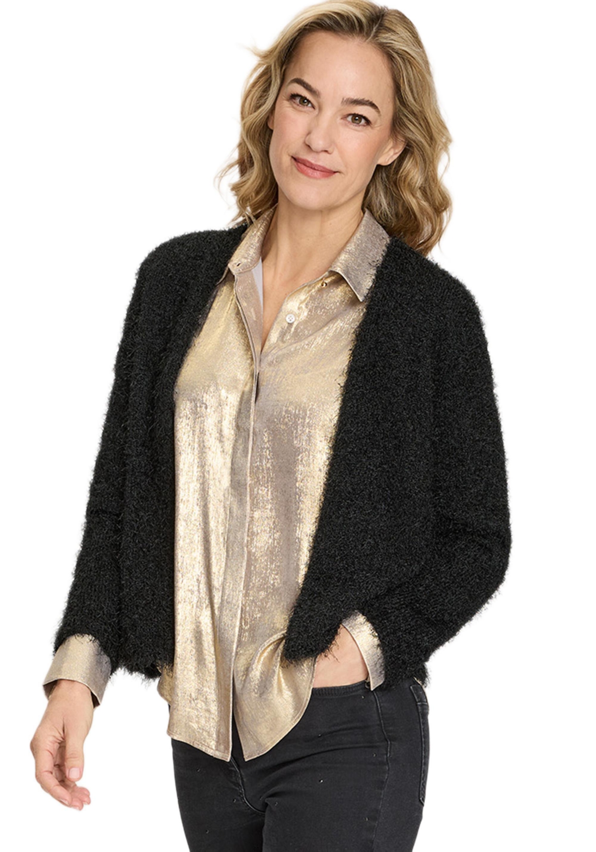 Olsen Women’s Cropped Feather Yarn Cardigan – Black Olsen Women’s Cropped Feather Yarn Cardigan – Black