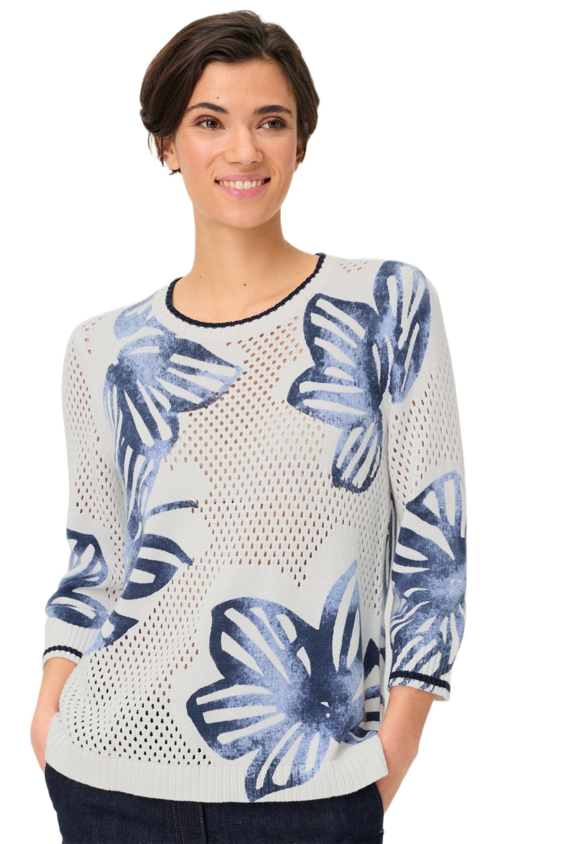 Olsen Women’s Floral Ajour Knit Sweater – Ink blue