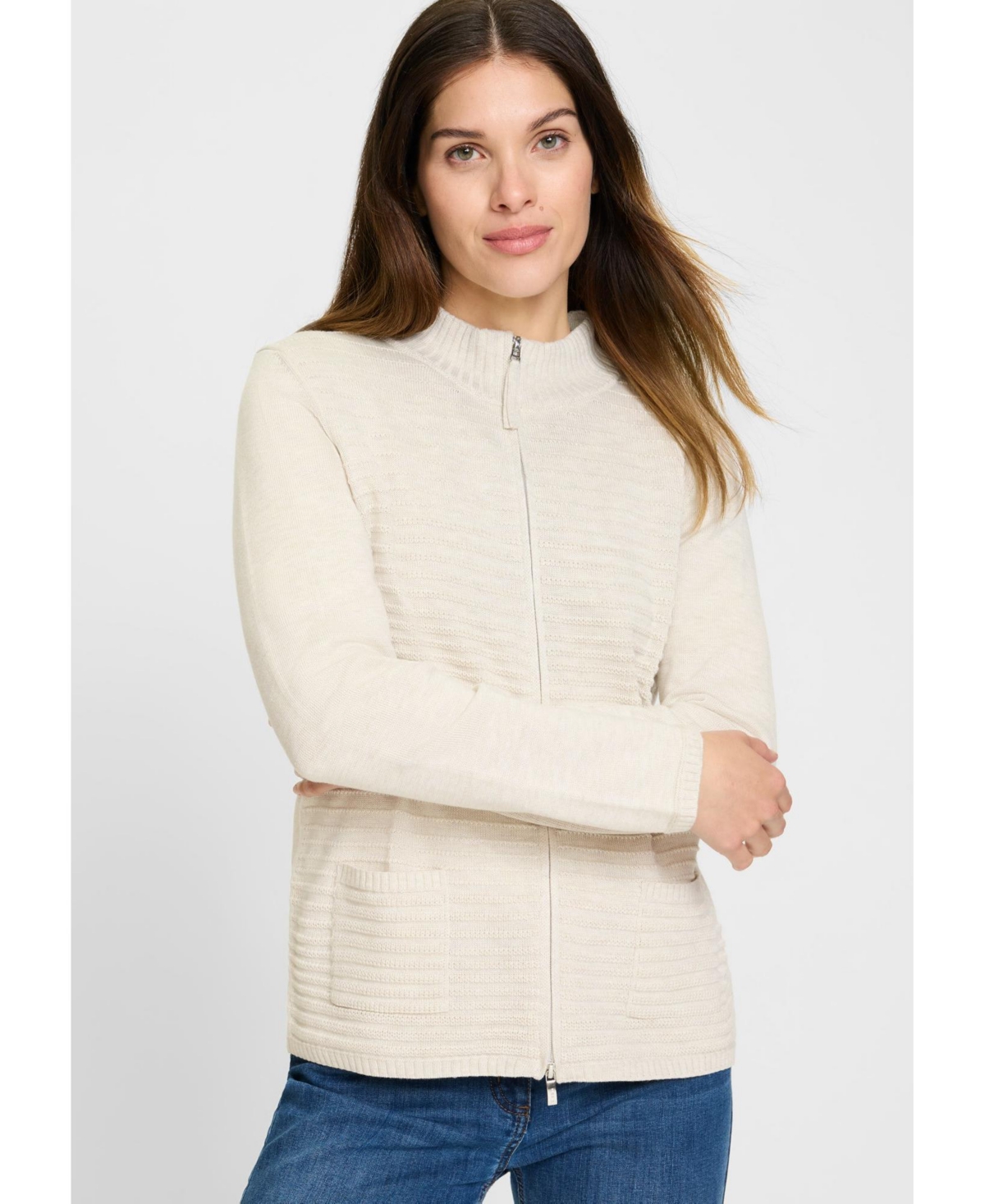Olsen Women’s Rib Knit Zip Front Cardigan – Caffe latte melange Olsen Women’s Rib Knit Zip Front Cardigan – Caffe latte melange