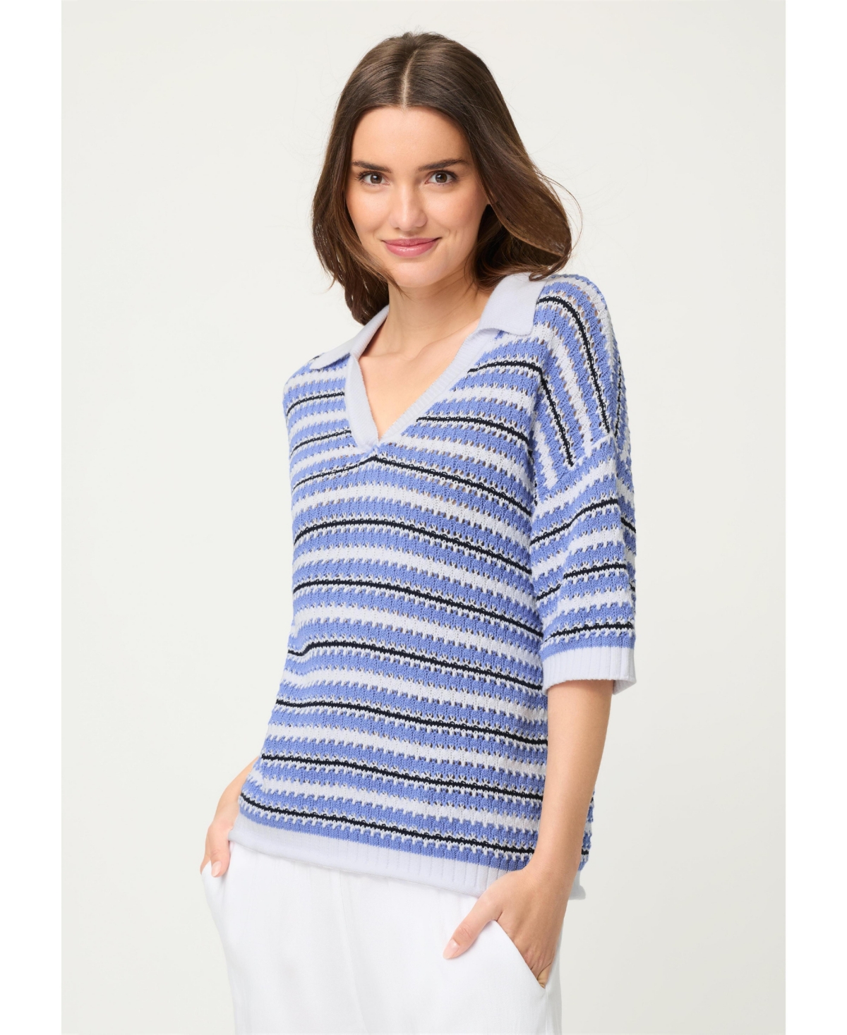 Olsen Women’s Stripe Polo Sweater – Bay blue Olsen Women’s Stripe Polo Sweater – Bay blue