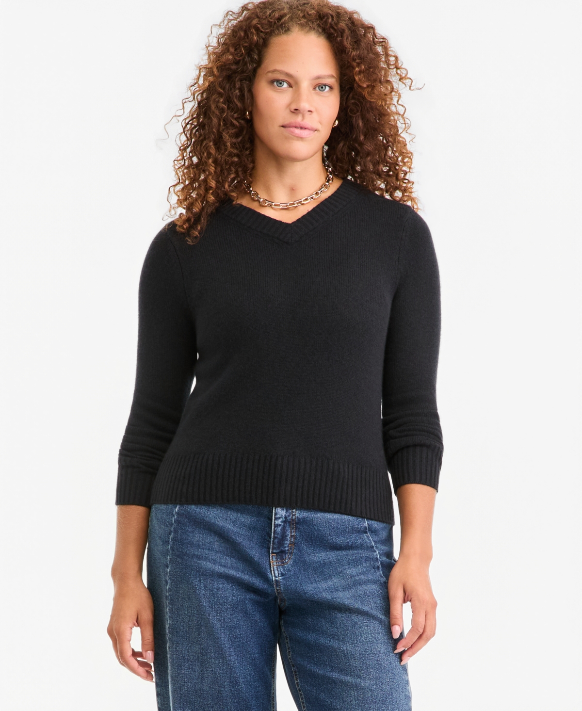 On 34th Women’s Cashmere Relaxed V-Neck Sweater, Macy’s Exclusive – Deep Black
