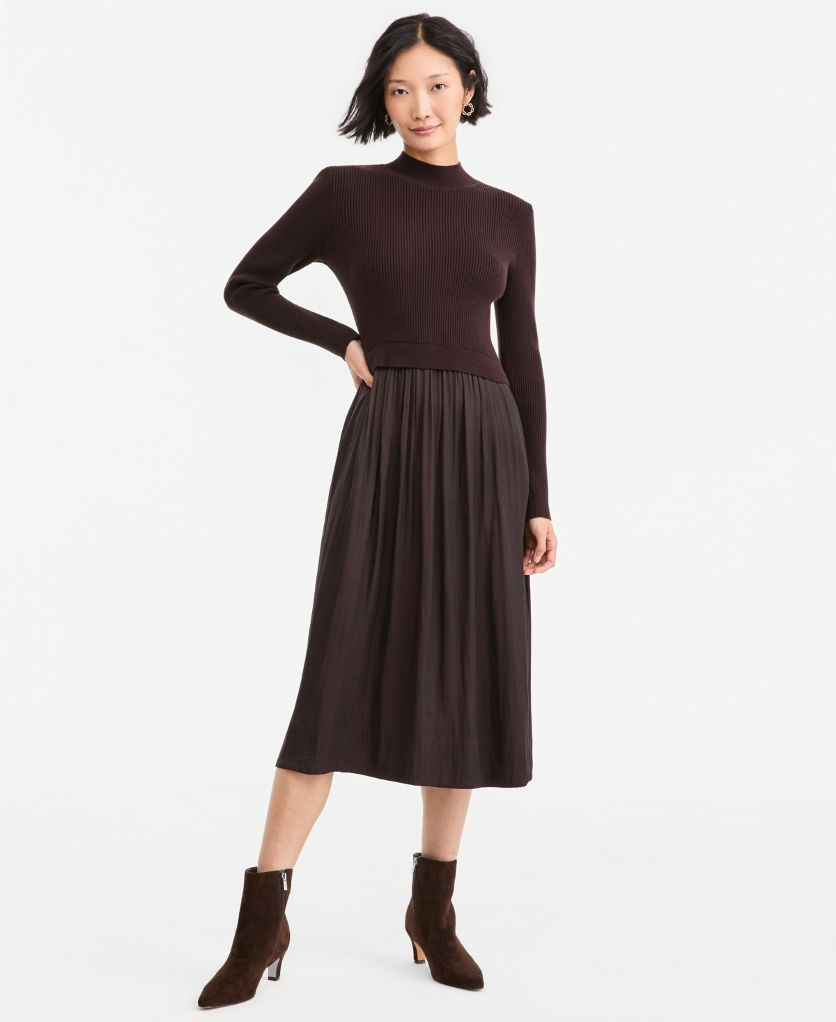 On 34th Women’s Long-Sleeve Sweater Mixed-Media Midi Dress, Macy’s Exclusive – Ganache
