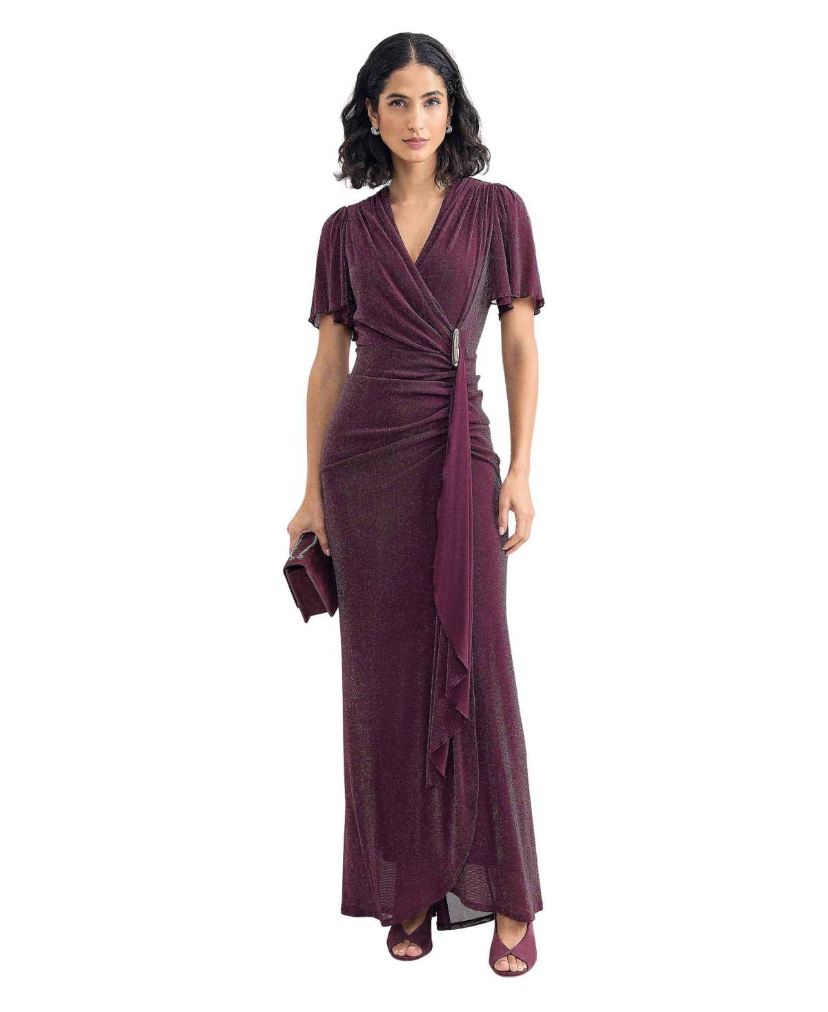 Phase Eight Women’s Alexis Shimmering Flutter-Sleeve Wrap Maxi Dress – Burgundy