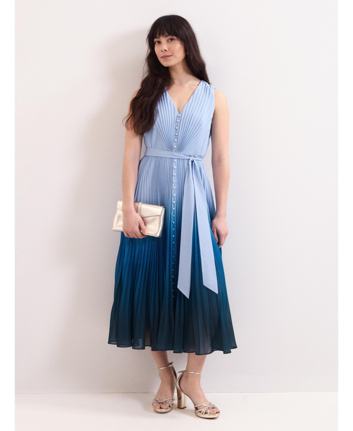 Phase Eight Women’s Mira Pleated V-Neck Midi Dress – Blue