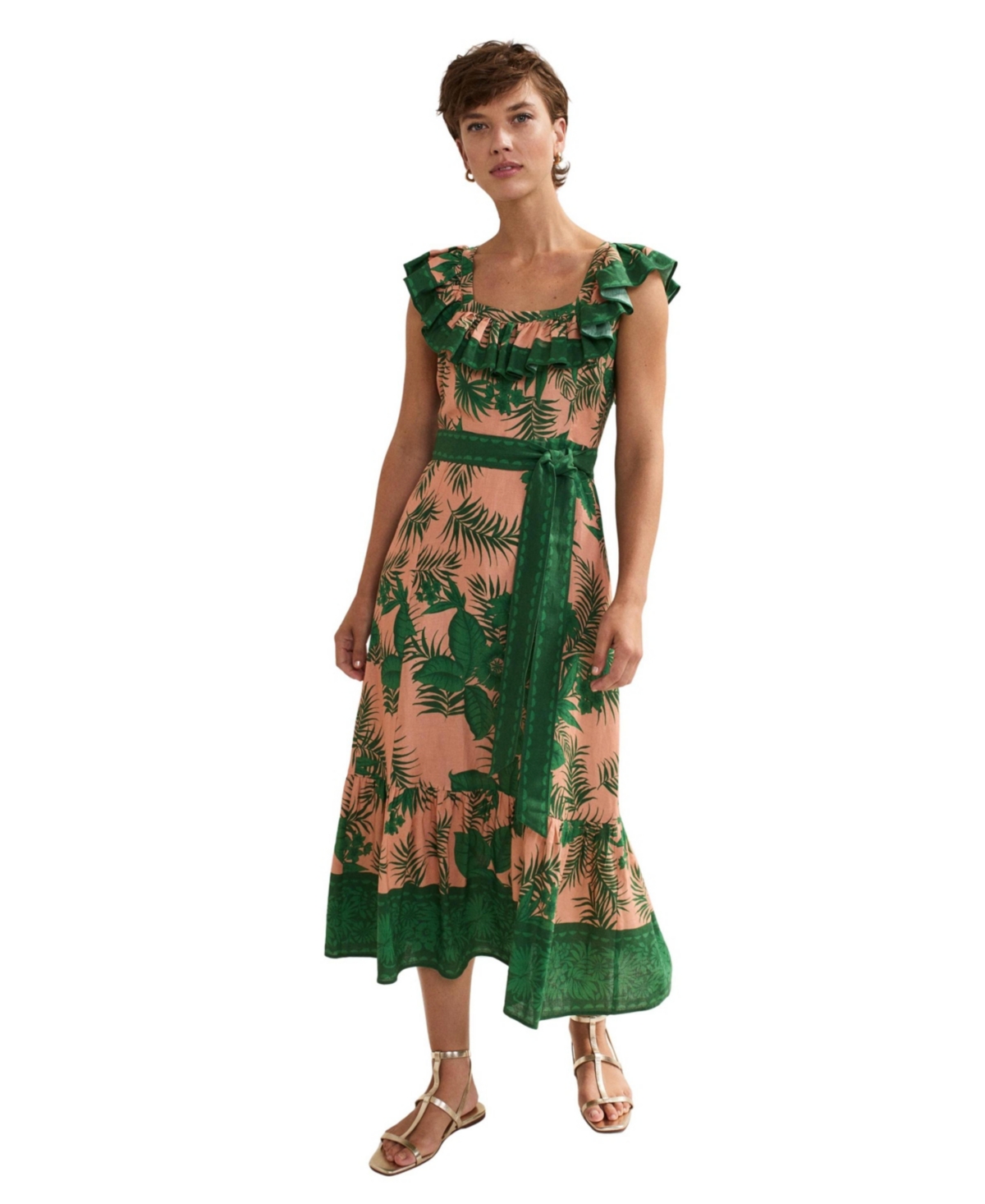 Phase Eight Women’s Sandra Ruffled Square Neck Midi Dress – Coral