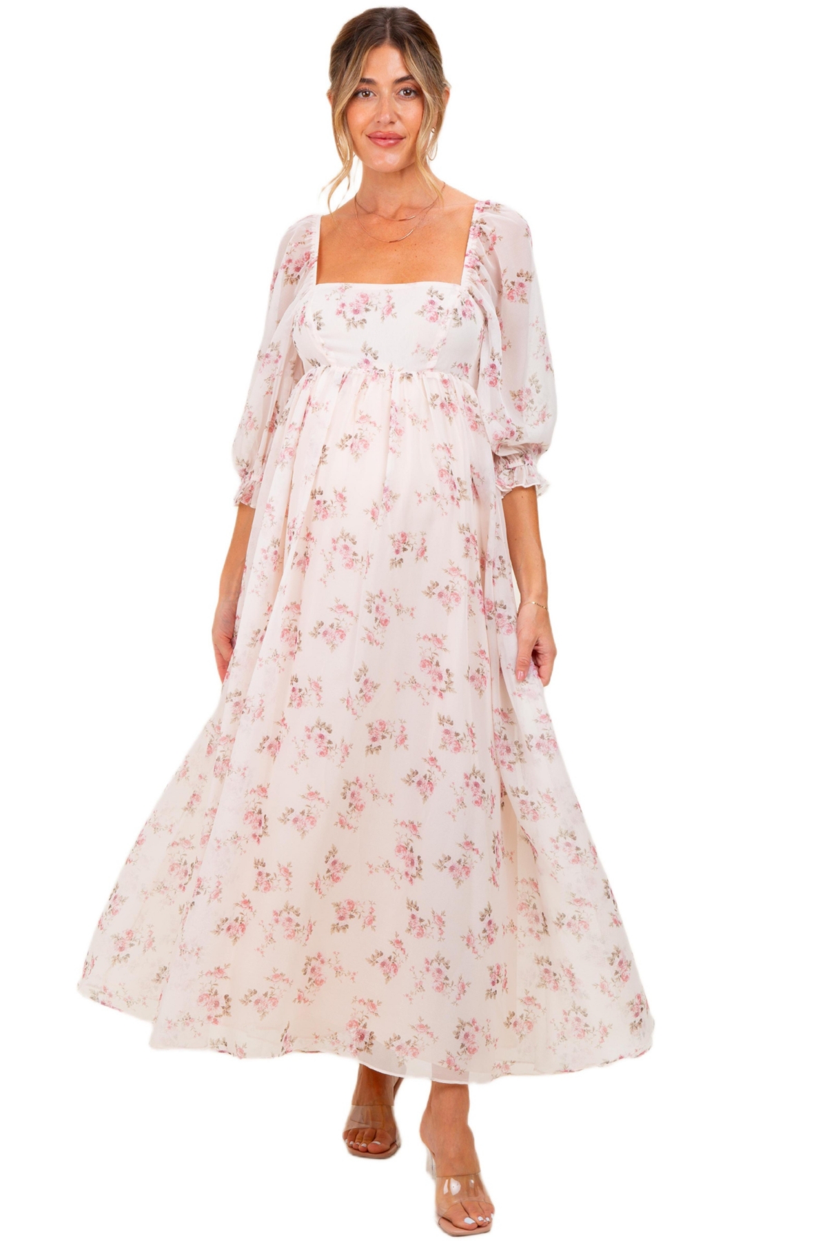 Pinkblush Women’s Light Pink Floral Chiffon Long Sleeve Maxi Dress – Light pink