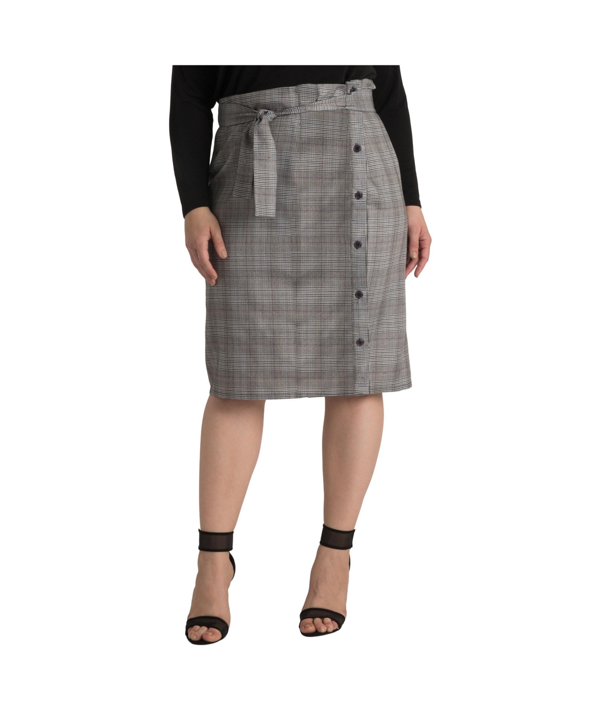 Plus Size Glen Plaid Suiting Button Front Paper Bag Waist Belted Skirt – Grey plaid