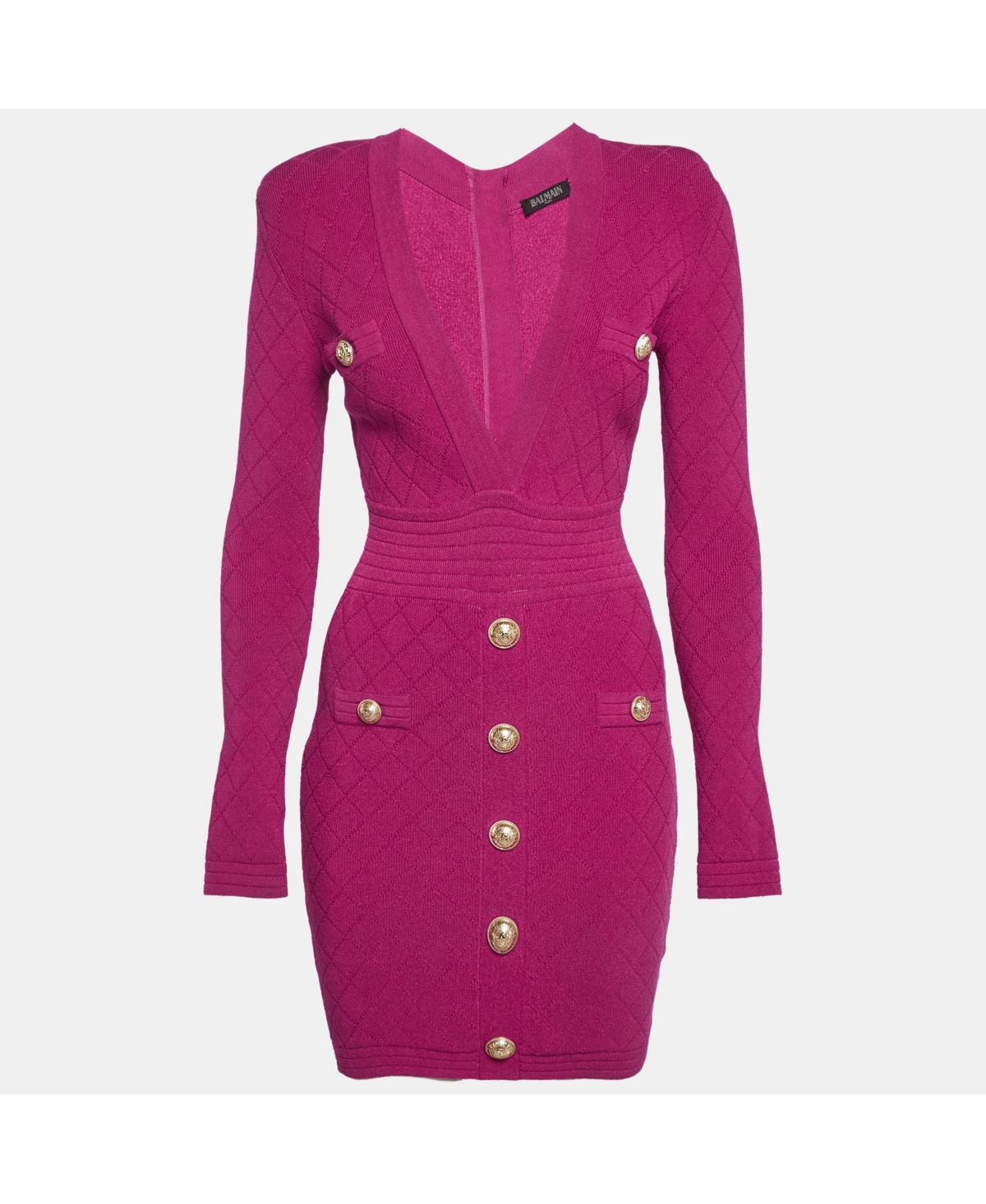 Pre-Owned Balmain Women’s Fuchsia Jacquard Knit Button Detail Mini Dress Pre-Owned Balmain Women’s Fuchsia Jacquard Knit Button Detail Mini Dress