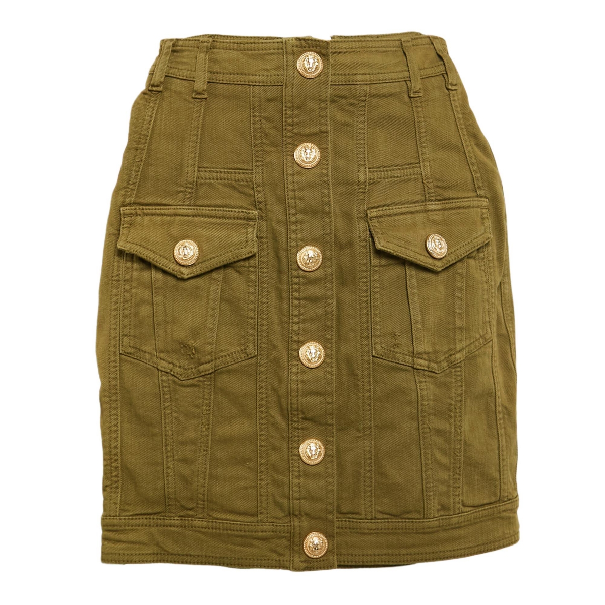 Pre-Owned Balmain Women’s Olive Green Distressed Denim Accents Mini Skirt – Green Pre-Owned Balmain Women’s Olive Green Distressed Denim Accents Mini Skirt – Green