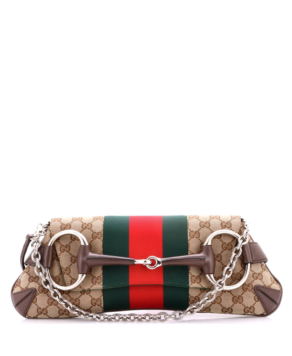 Pre-Owned Gucci Large Horsebit Web Chain Clutch Gg Canvas – Brown