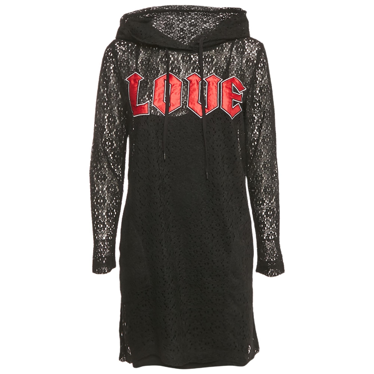 Pre-Owned Love Moschino Women’s Pre-Owned Love Mocshino Black Love Applique Mesh Hooded Dress Pre-Owned Love Moschino Women’s Pre-Owned Love Mocshino Black Love Applique Mesh Hooded Dress