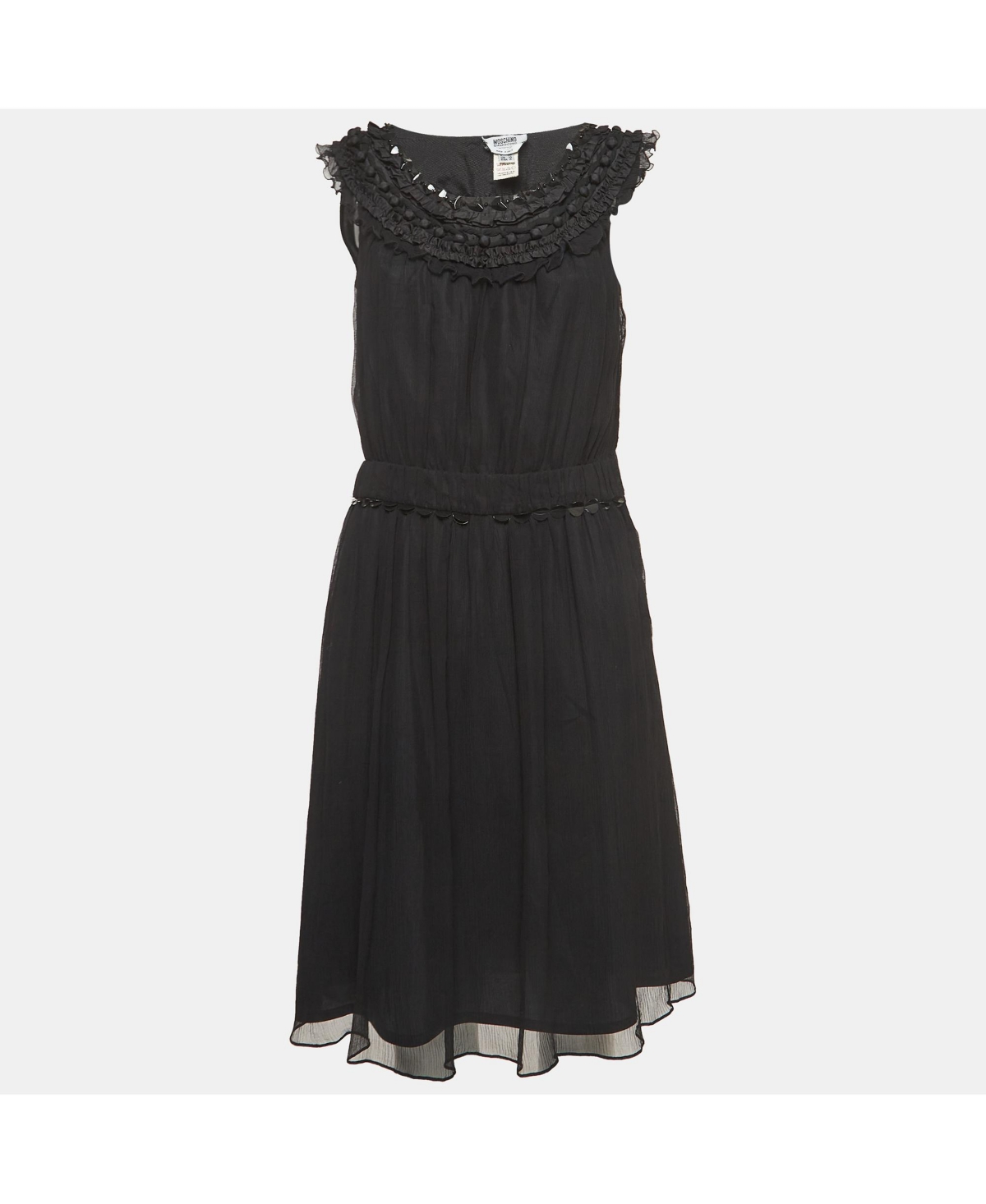 Pre-Owned Moschino Women’s Cheap and Chic Vintage Black Silk Midi Dress with Metal Embellished Neck Pre-Owned Moschino Women’s Cheap and Chic Vintage Black Silk Midi Dress with Metal Embellished Neck