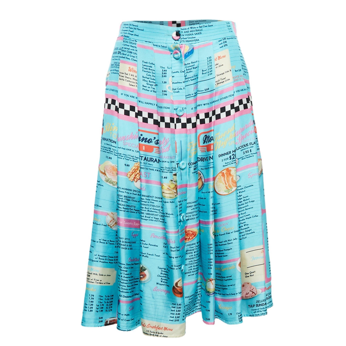 Pre-Owned Moschino Women’s Couture Blue Drive In Menu Print Silk Pleated Midi Skirt