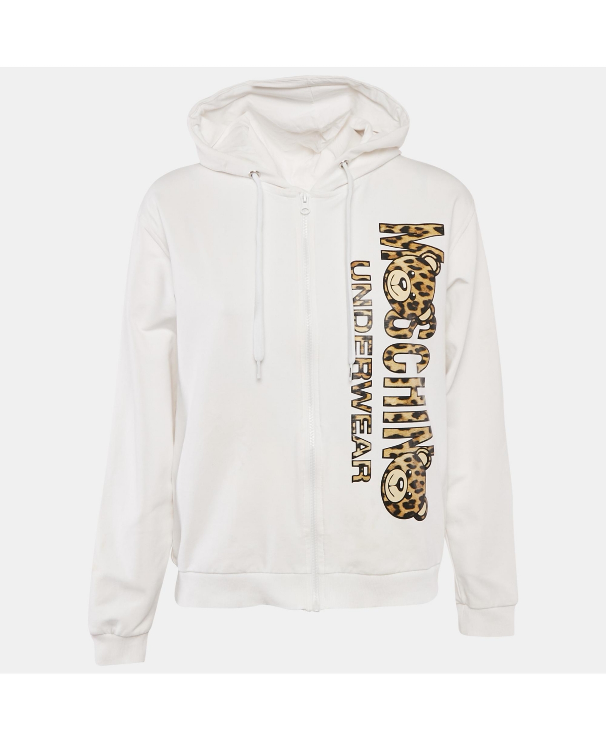 Pre-Owned Moschino Women’s White Logo Print Cotton Knit Zip-Up Hoodie Jacket Pre-Owned Moschino Women’s White Logo Print Cotton Knit Zip-Up Hoodie Jacket