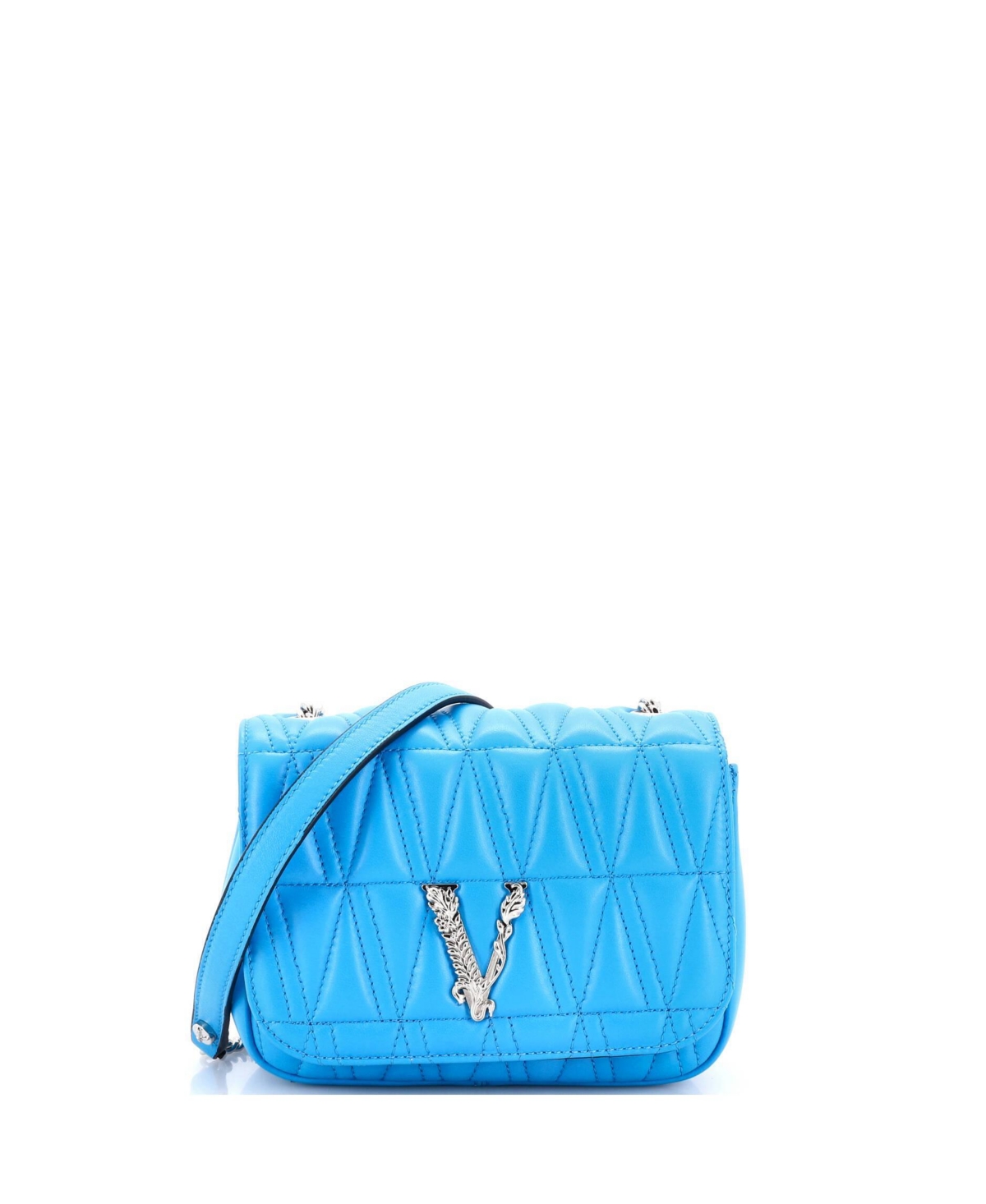 Pre-Owned Versace Mini Virtus Chain Flap Shoulder Bag Quilted Leather – Blue Pre-Owned Versace Mini Virtus Chain Flap Shoulder Bag Quilted Leather – Blue