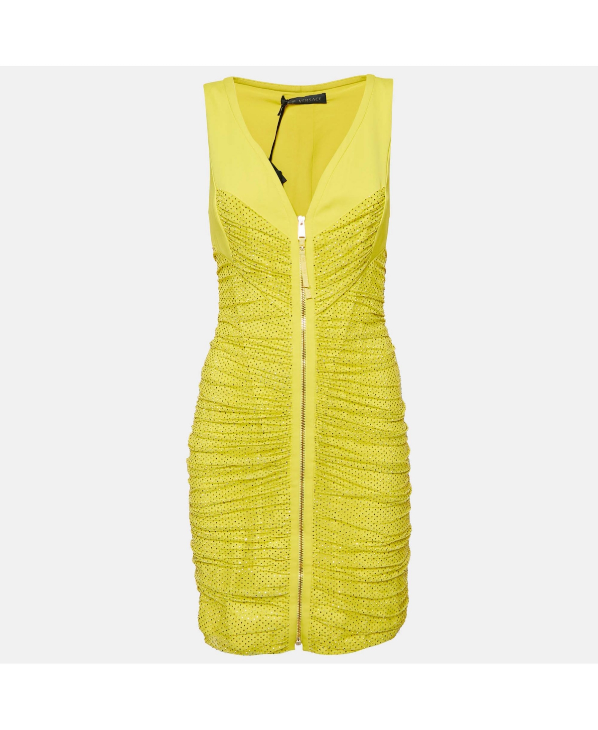 Pre-Owned Versace Women’s Yellow Embellished Tulle And Jersey Ruche Mini Dress