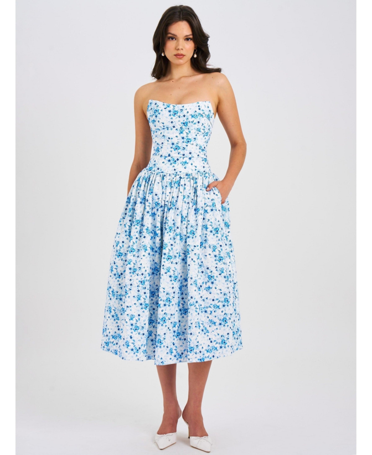 Miss Circle Women’s Paloma Blue Print Linen Corset Draping Top Midi Dress – Blue floral Miss Circle Women’s Paloma Blue Print Linen Corset Draping Top Midi Dress – Blue floral
