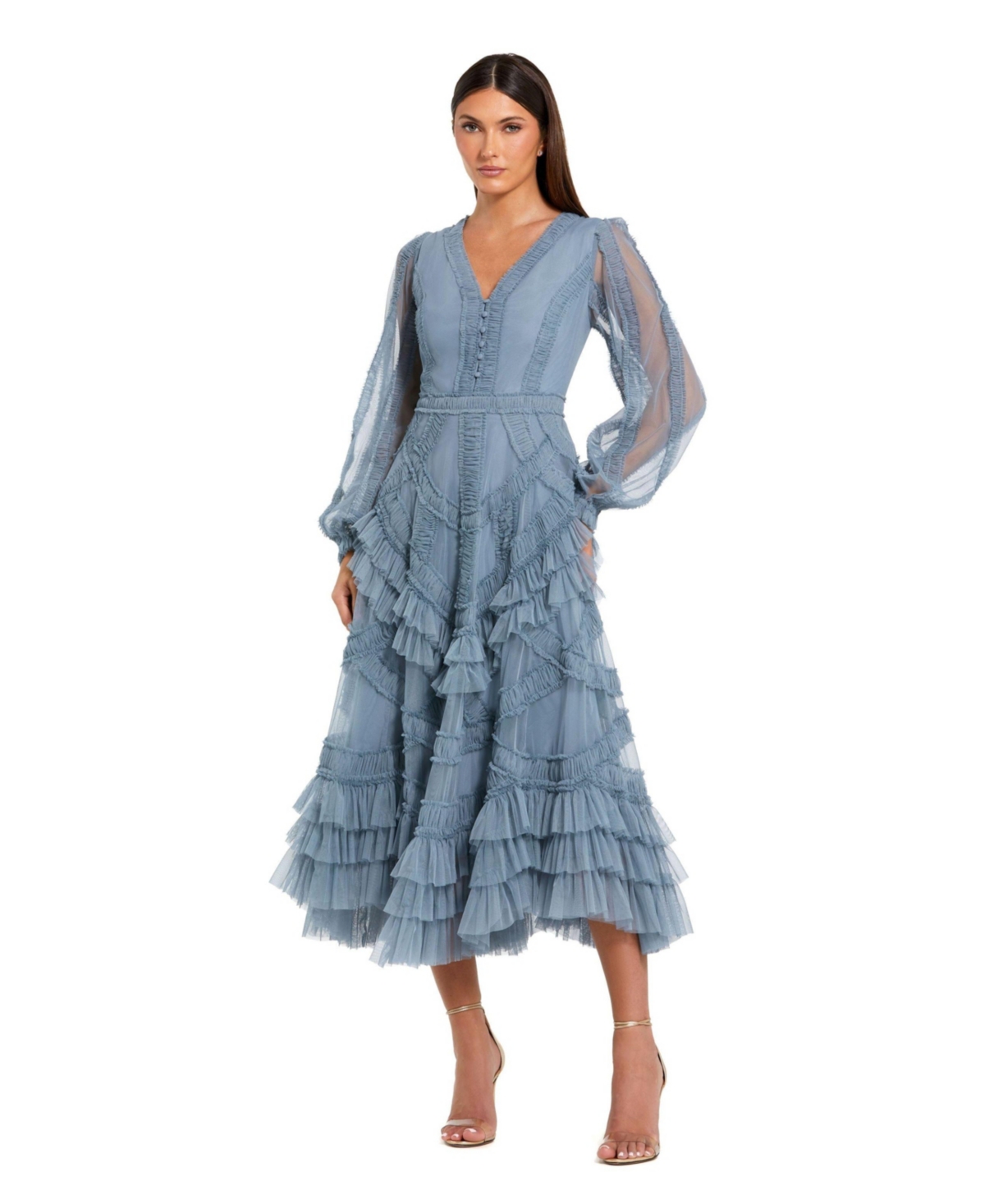 Mac Duggal Women’s Long Sleeve V Neck Mesh Micro Ruffle Midi Dress – Slate blue Mac Duggal Women’s Long Sleeve V Neck Mesh Micro Ruffle Midi Dress – Slate blue