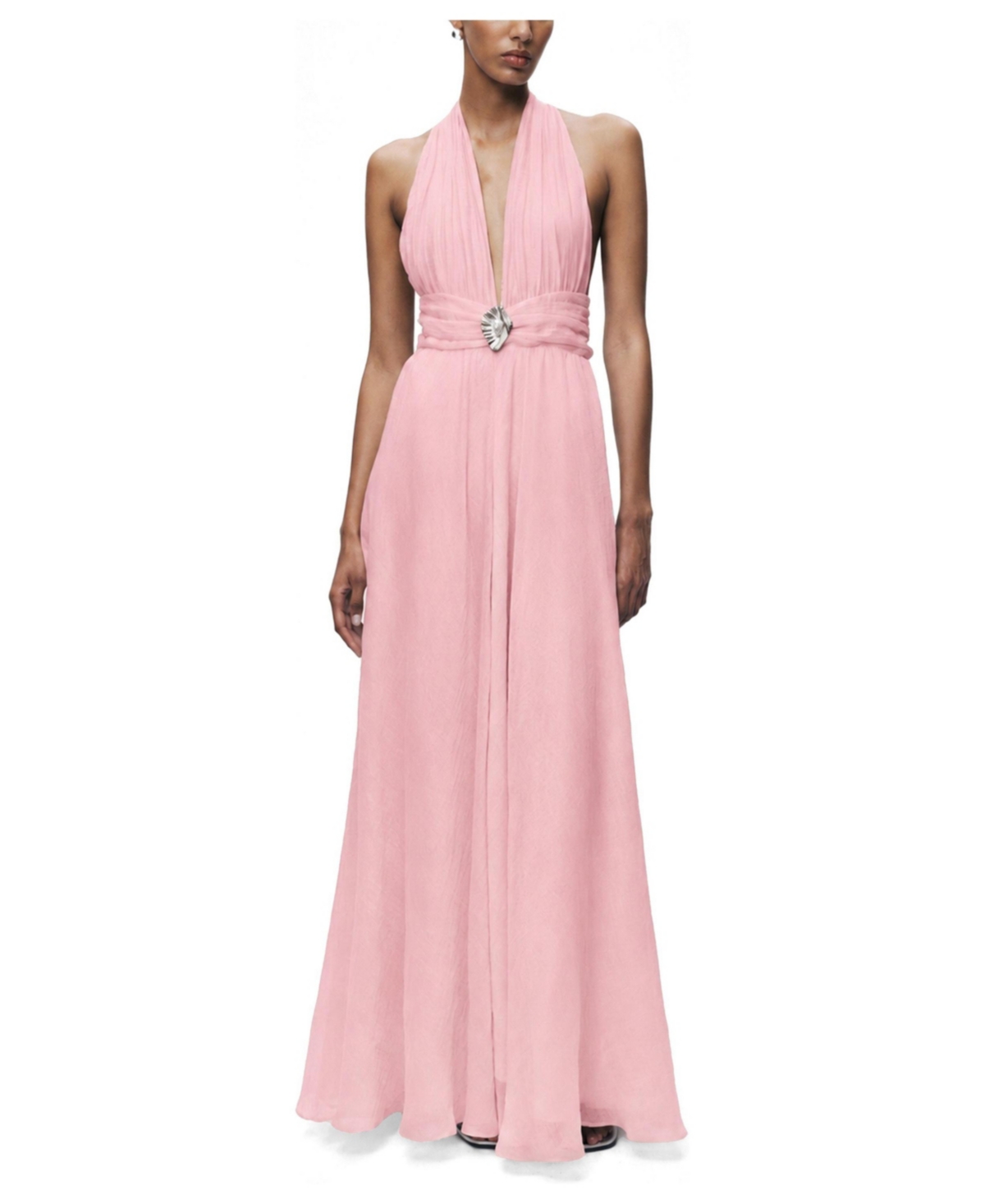Nocturne Women’s Pleated Halterneck Maxi Dress with Brooch Detail – Pink Nocturne Women’s Pleated Halterneck Maxi Dress with Brooch Detail – Pink