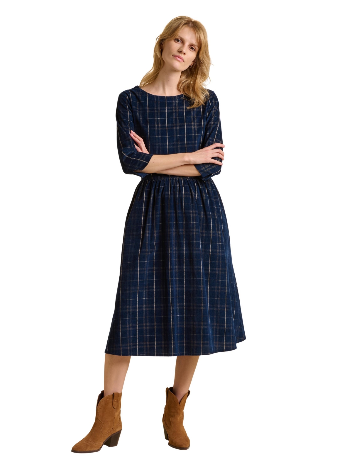 Brakeburn Women’s Lilliput 3/4 Sleeve Boat Neck Midi Dress – Blue Brakeburn Women’s Lilliput 3/4 Sleeve Boat Neck Midi Dress – Blue